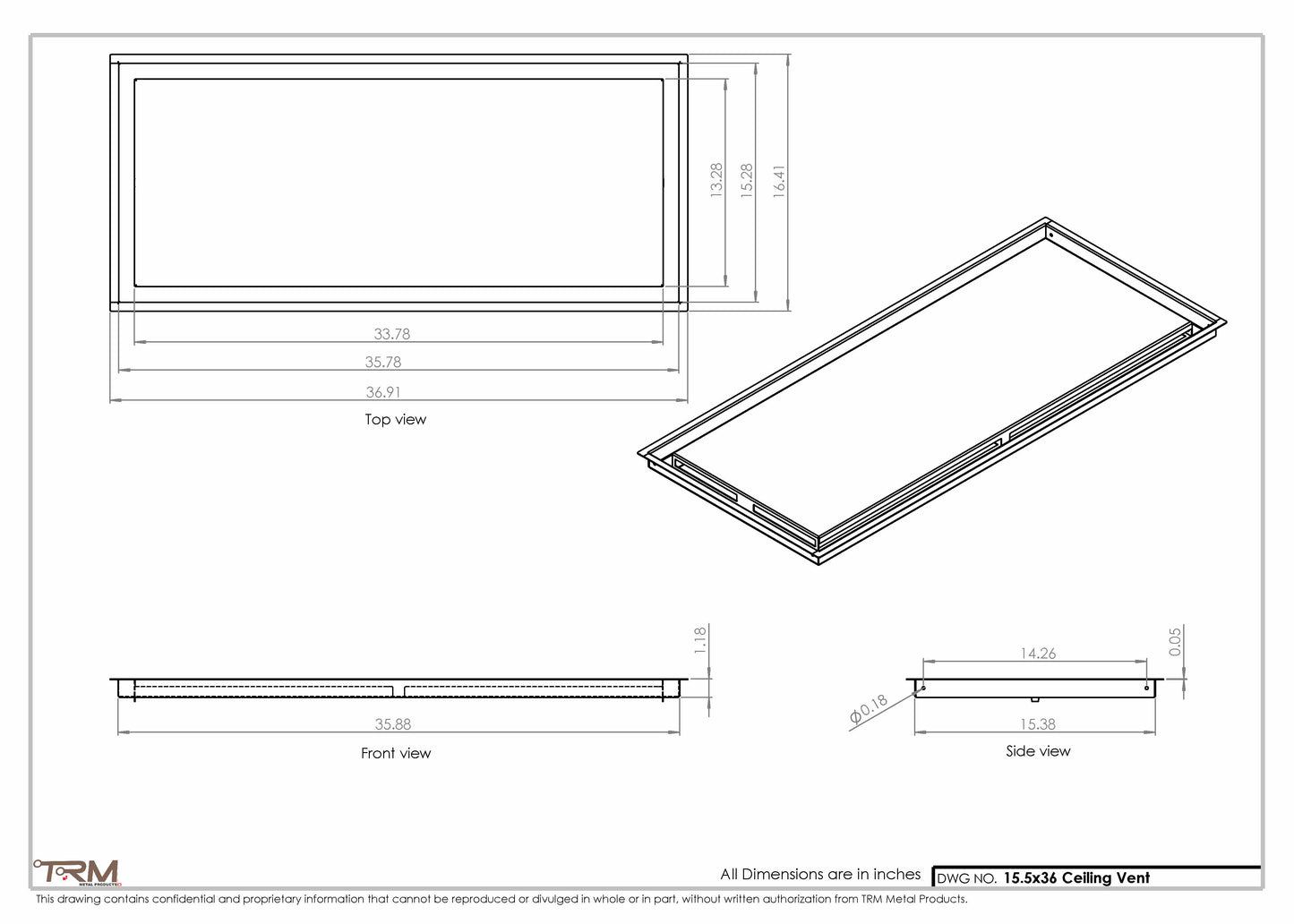 15.5x36 - Modern-Ceiling-Vent Cover-TRM Metal -  36x15.5