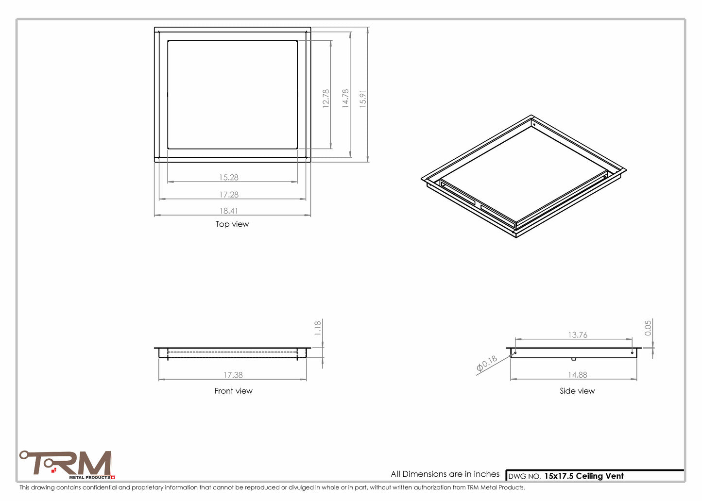 15x17.5 - Modern-Ceiling-Vent Cover-TRM Metal -  17.5x15
