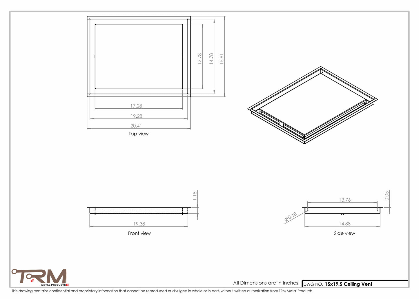15x19.5 - Modern-Ceiling-Vent Cover-TRM Metal -  19.5x15