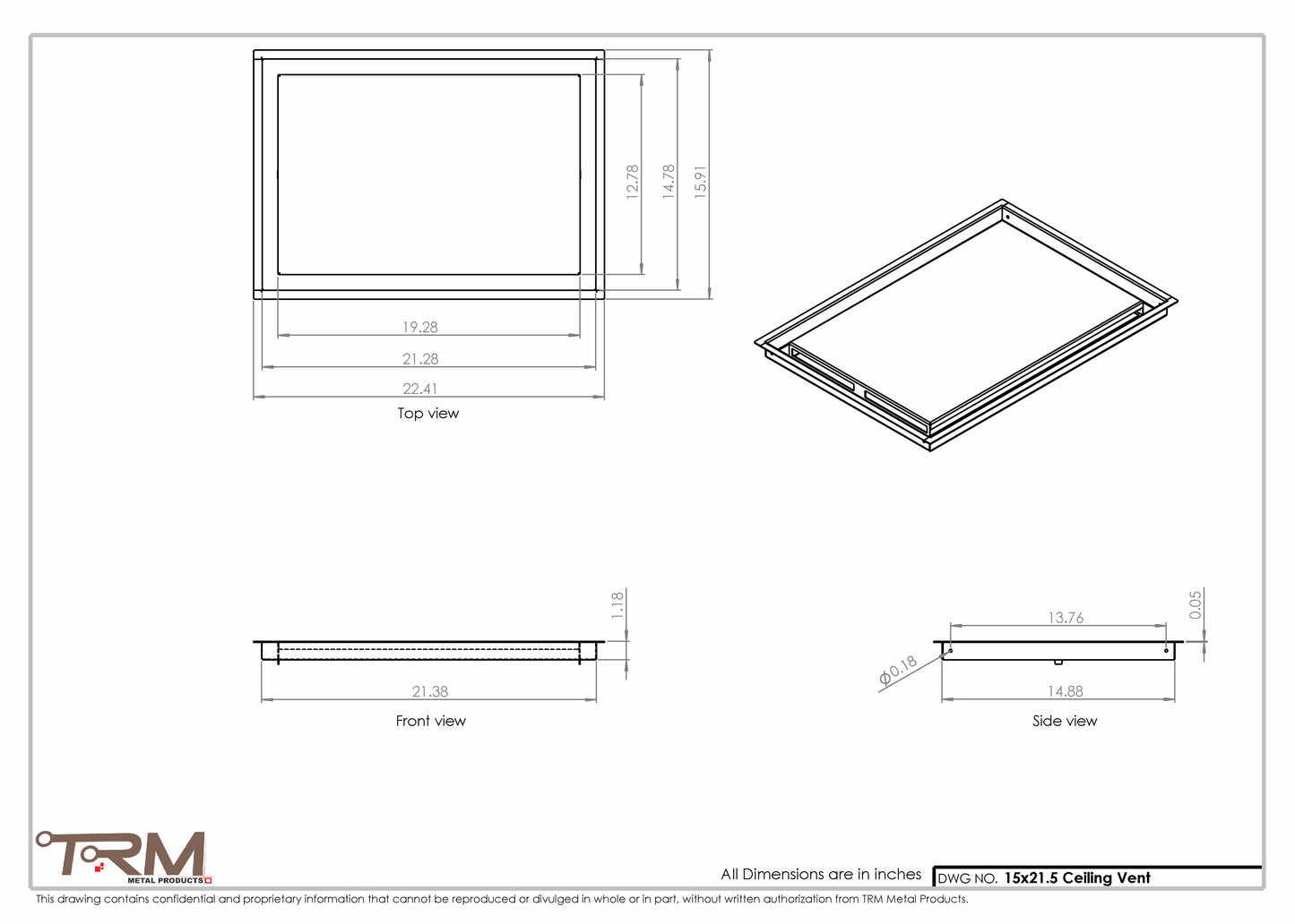 15x21.5 - Modern-Ceiling-Vent Cover-TRM Metal -  21.5x15