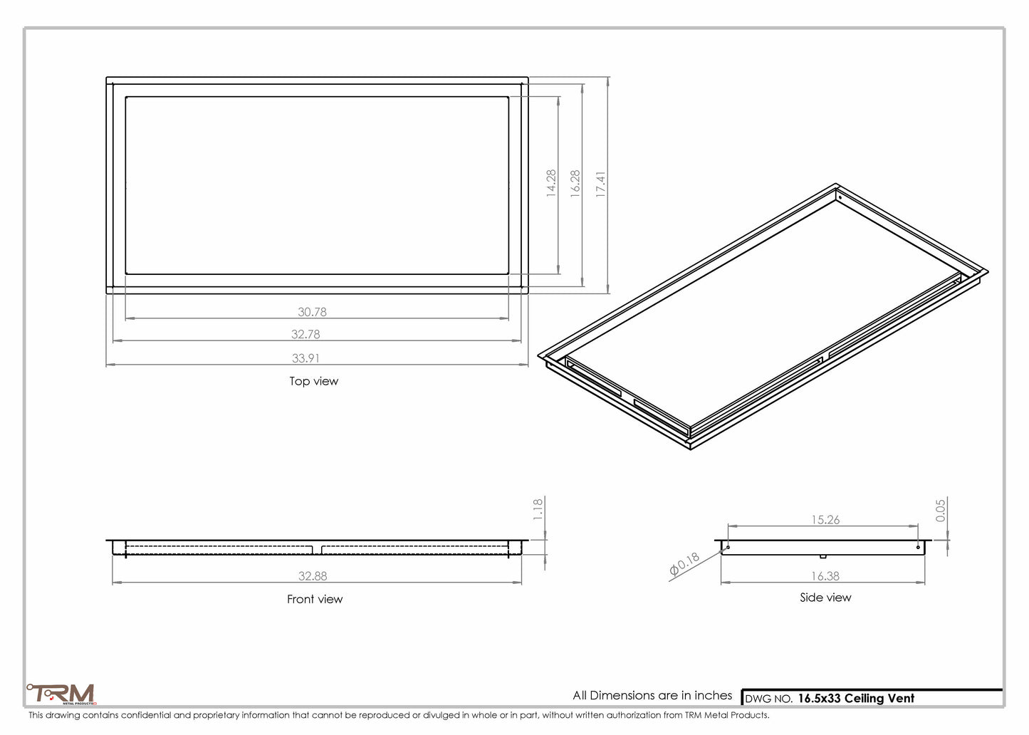 16.5x33 - Modern-Ceiling-Vent Cover-TRM Metal -  33x16.5