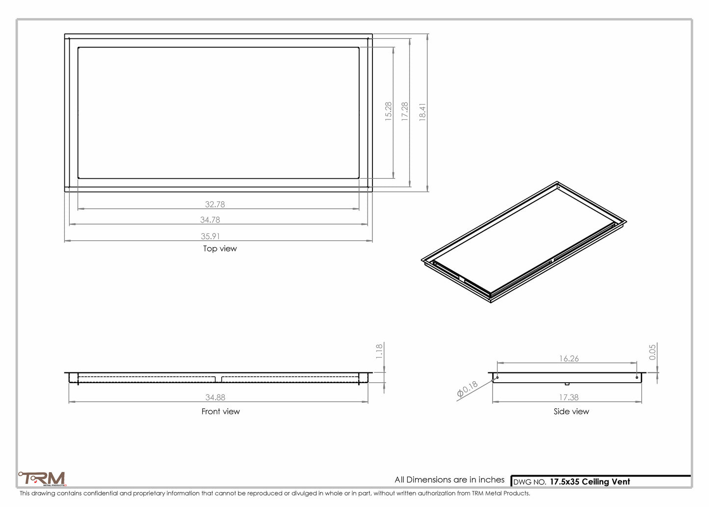 17.5x35 - Modern-Ceiling-Vent Cover-TRM Metal -  35x17.5