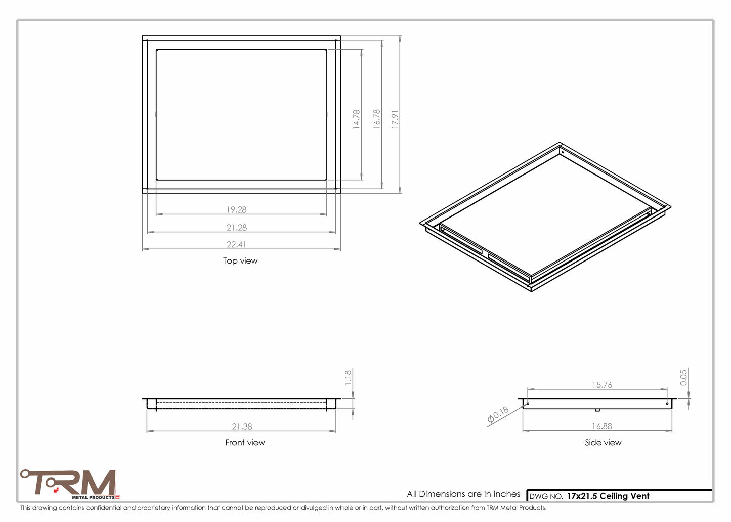 17x21.5 - Modern-Ceiling-Vent Cover-TRM Metal -  21.5x17