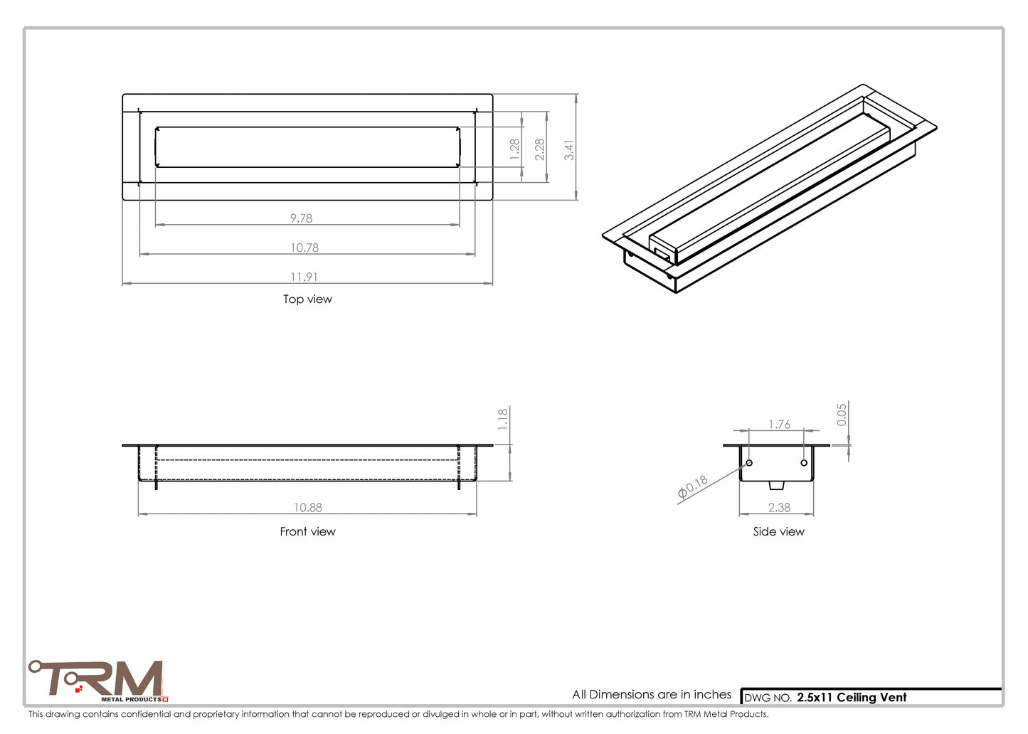 2.5x11 - Modern-Ceiling-Vent Cover-TRM Metal -  11x2.5