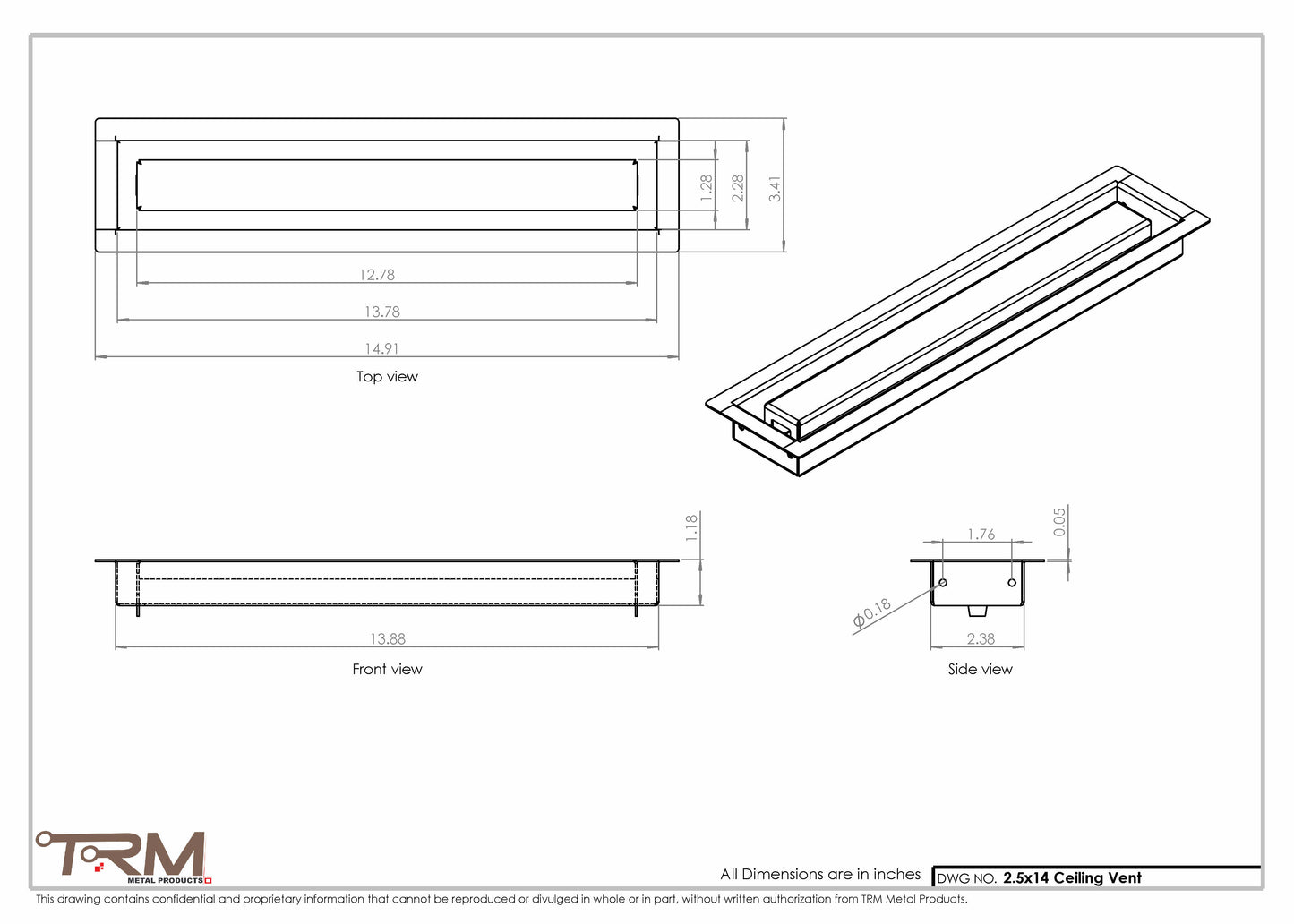 2.5x14 - Modern-Ceiling-Vent Cover-TRM Metal -  14x2.5