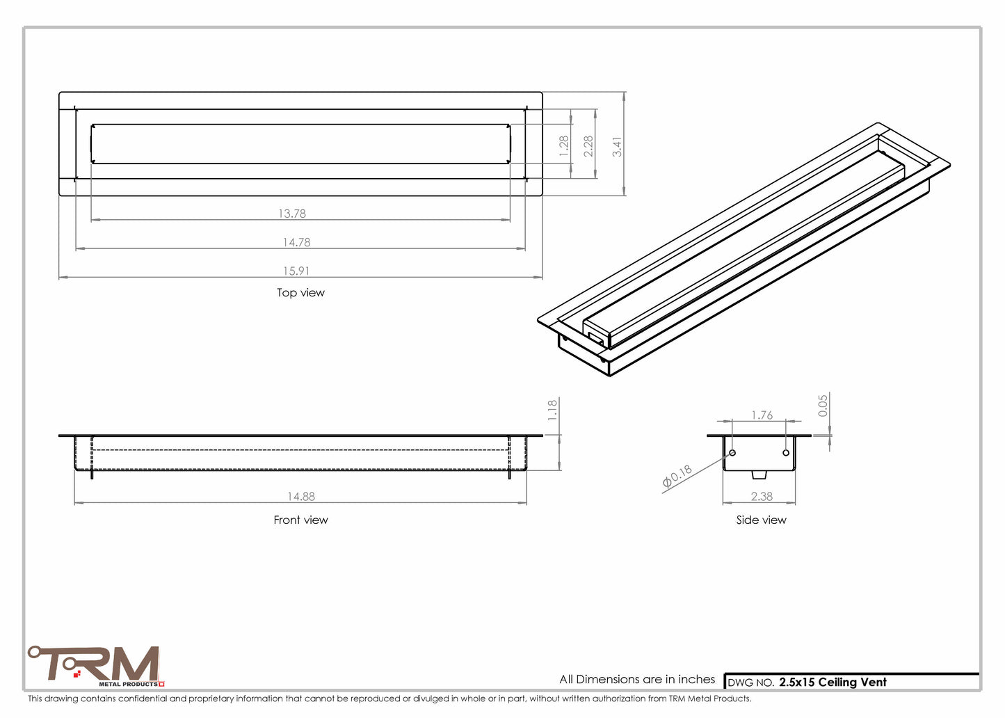 2.5x15 - Modern-Ceiling-Vent Cover-TRM Metal -  15x2.5