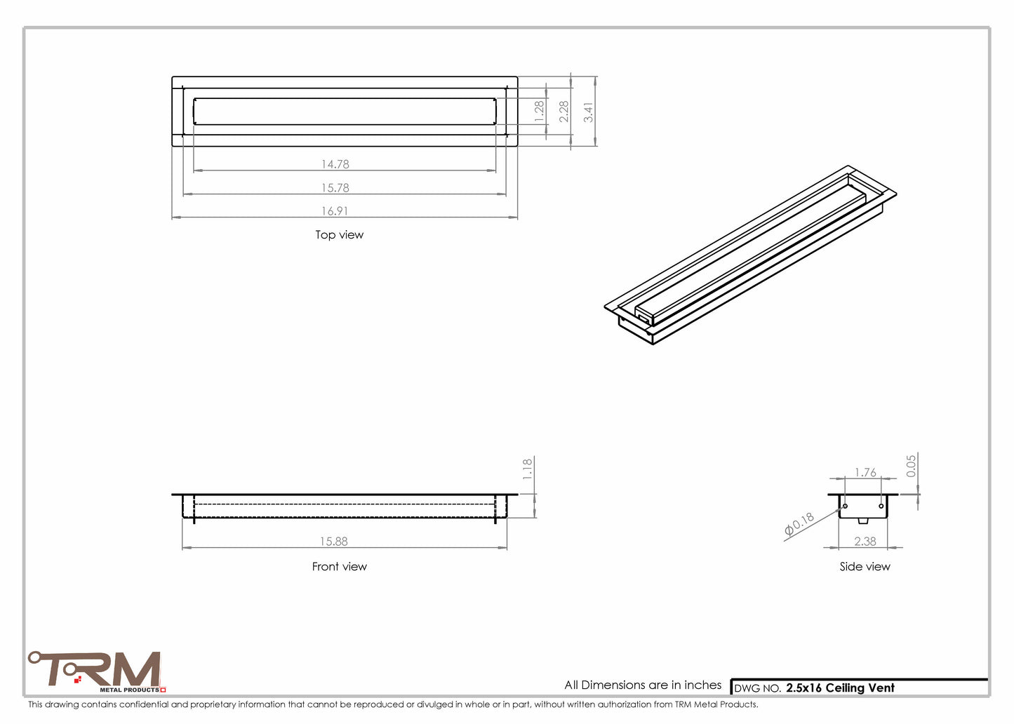 2.5x16 - Modern-Ceiling-Vent Cover-TRM Metal -  16x2.5