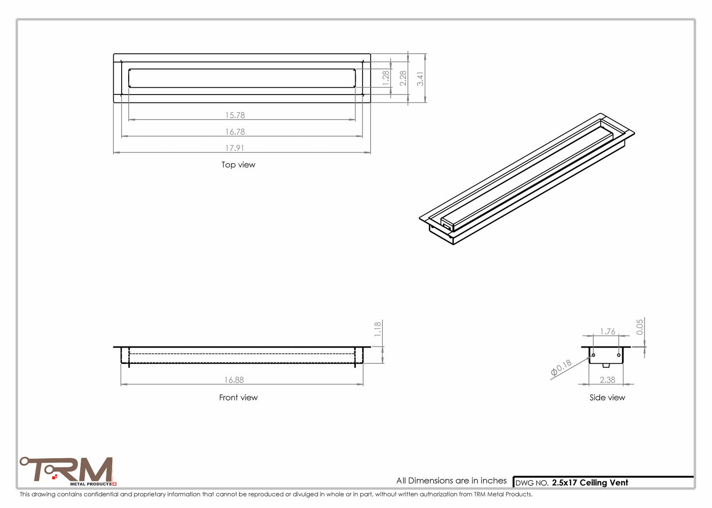 2.5x17 - Modern-Ceiling-Vent Cover-TRM Metal -  17x2.5