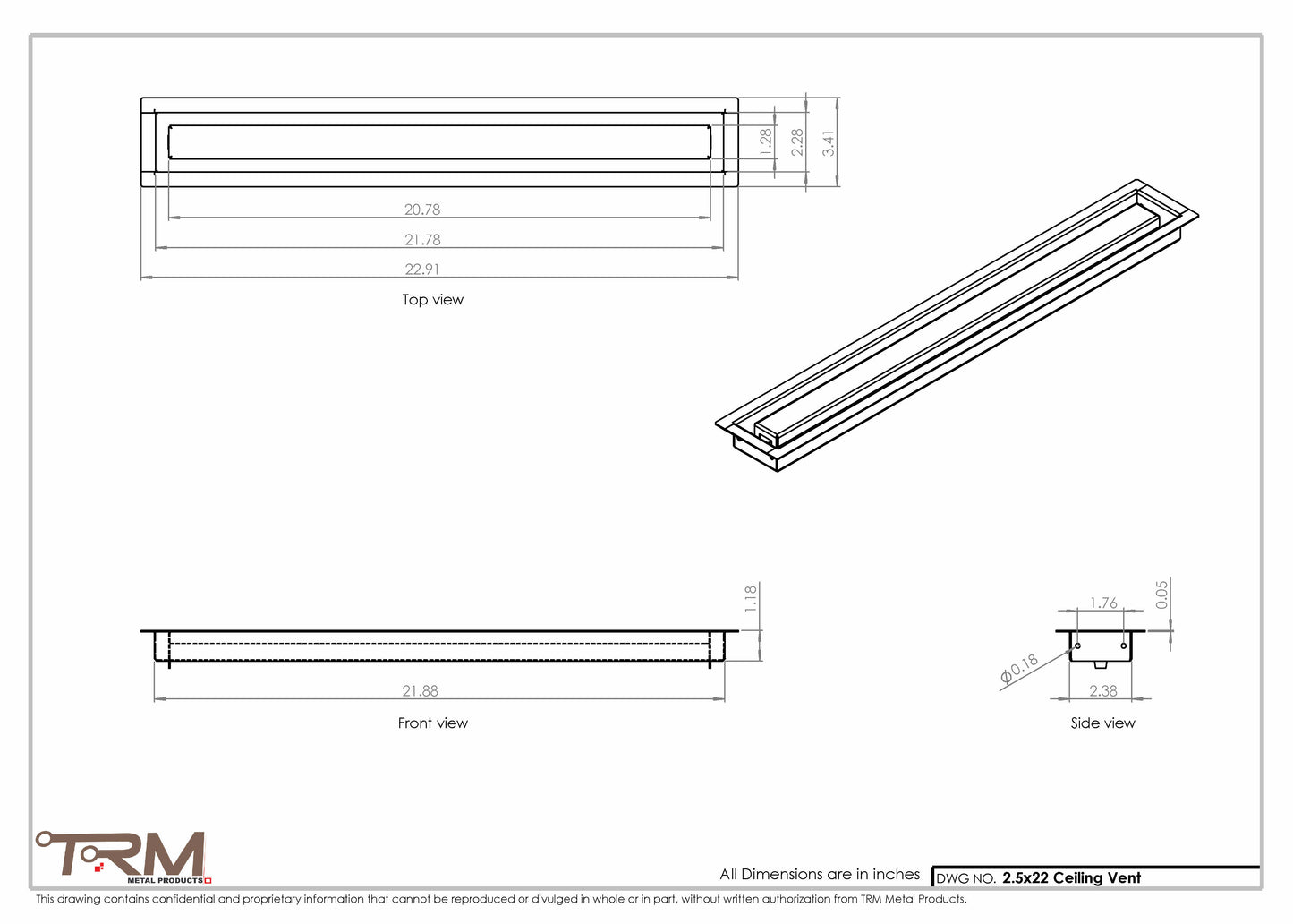 2.5x22 - Modern-Ceiling-Vent Cover-TRM Metal -  22x2.5