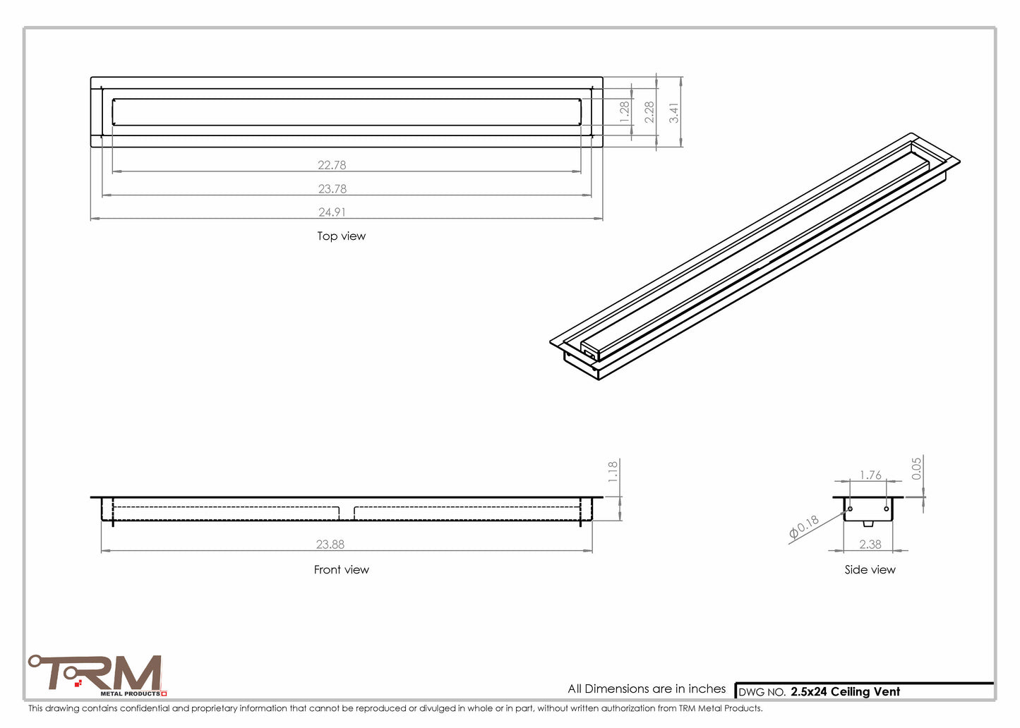 2.5x24 - Modern-Ceiling-Vent Cover-TRM Metal -  24x2.5