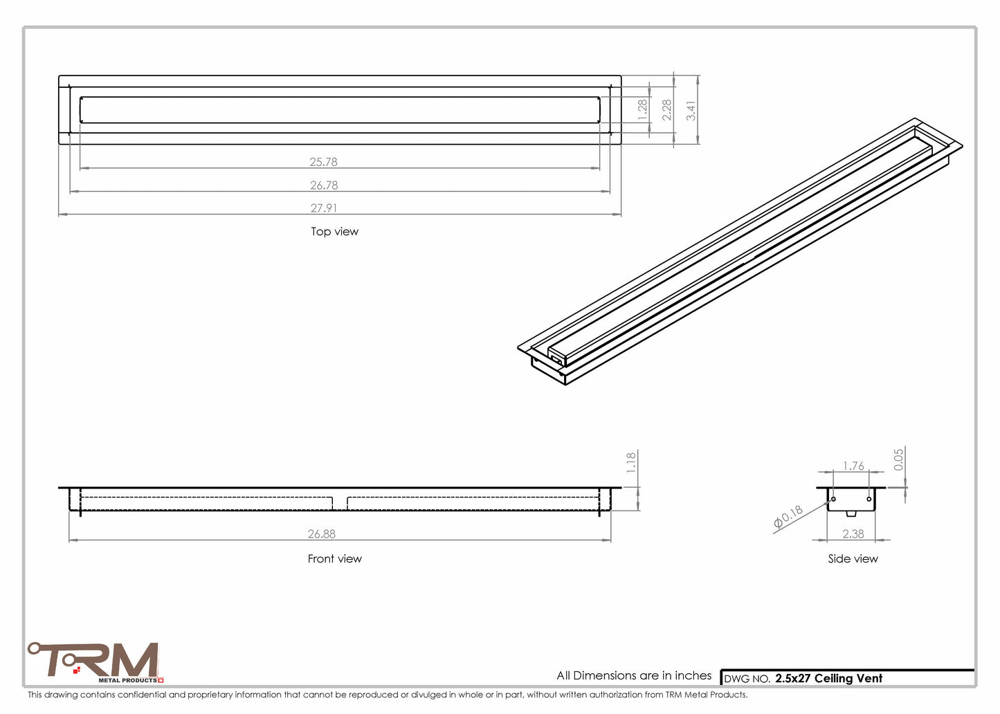 2.5x27 - Modern-Ceiling-Vent Cover-TRM Metal -  27x2.5