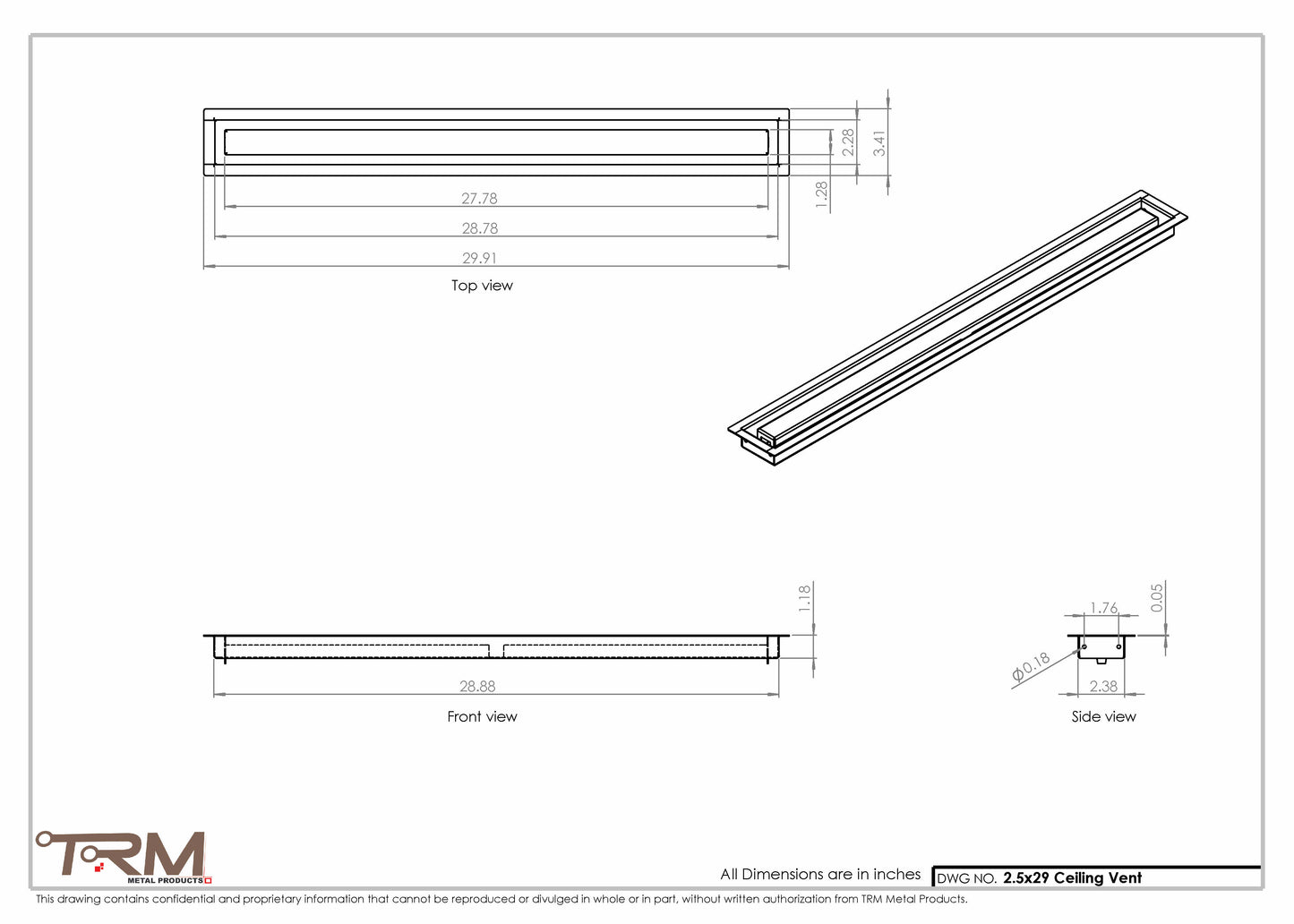 2.5x29 - Modern-Ceiling-Vent Cover-TRM Metal -  29x2.5