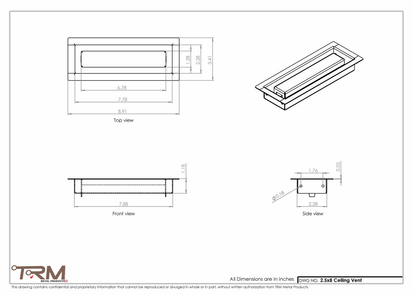 2.5x8 - Modern-Ceiling-Vent Cover-TRM Metal -  8x2.5