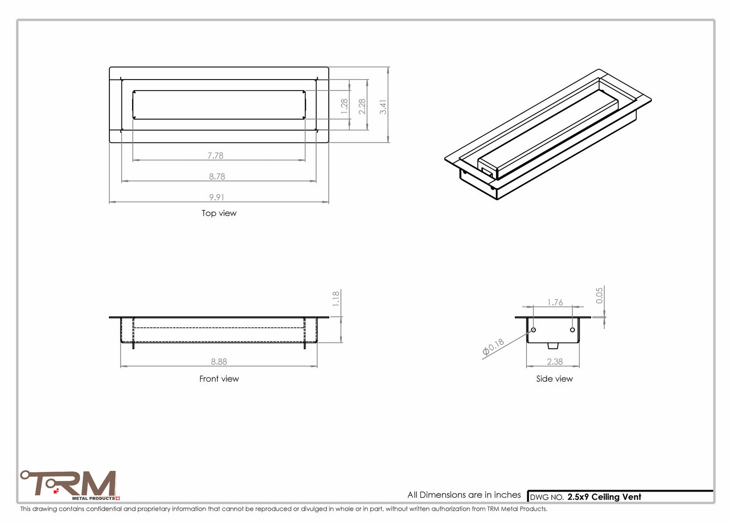 2.5x9 - Modern-Ceiling-Vent Cover-TRM Metal -  9x2.5