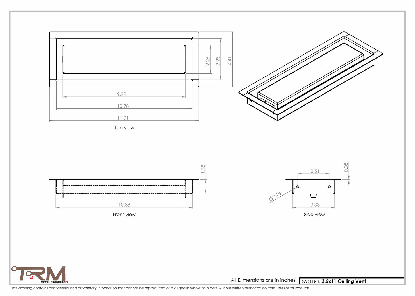 3.5x11 - Modern-Ceiling-Vent Cover-TRM Metal -  11x3.5