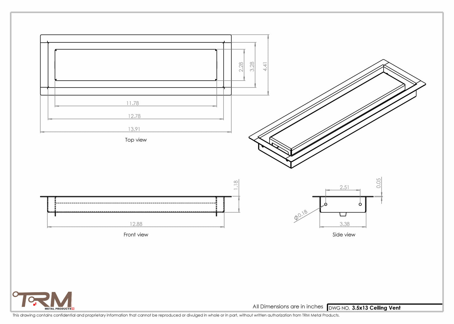 3.5x13 - Modern-Ceiling-Vent Cover-TRM Metal -  13x3.5
