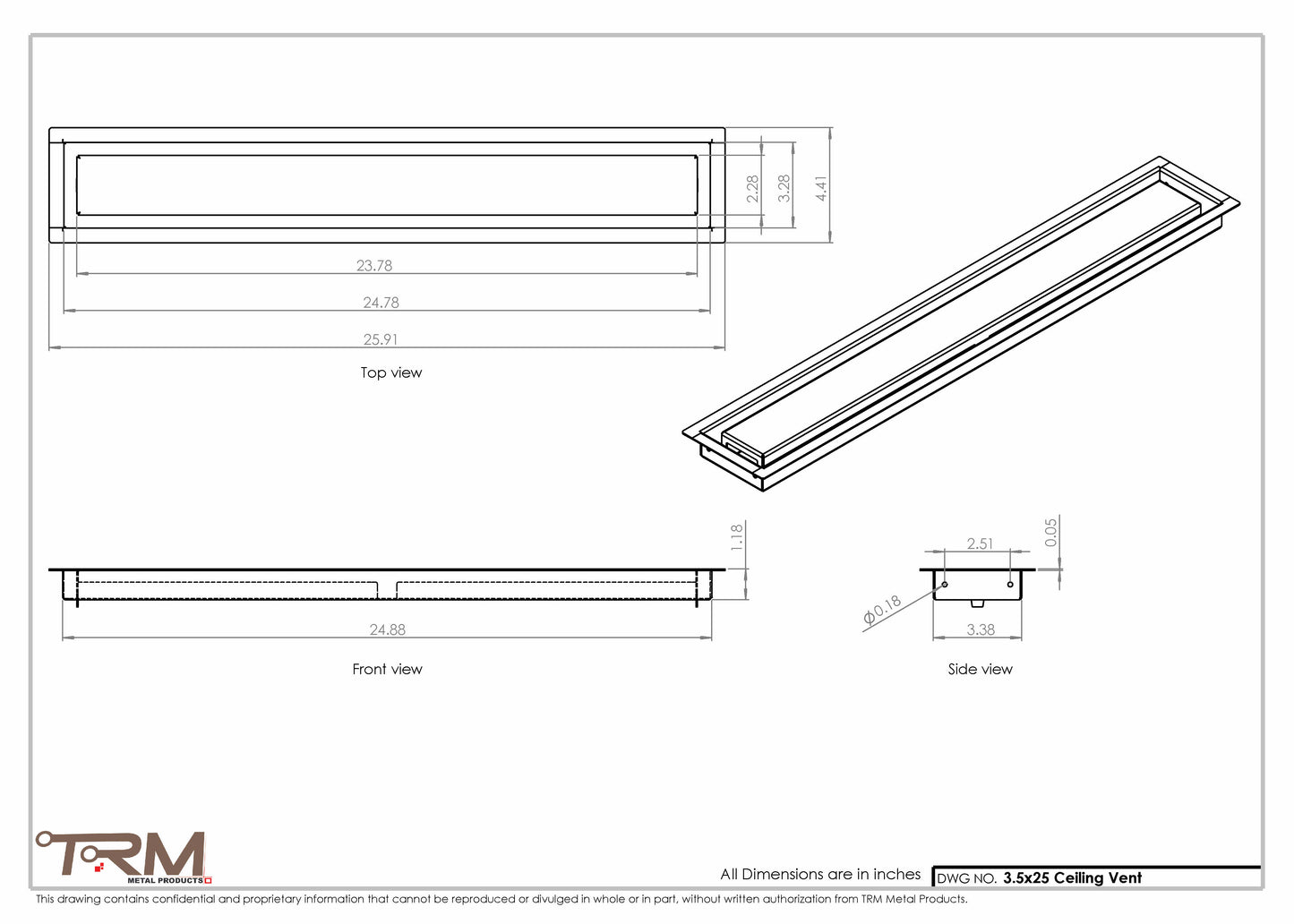 3.5x25 - Modern-Ceiling-Vent Cover-TRM Metal -  25x3.5