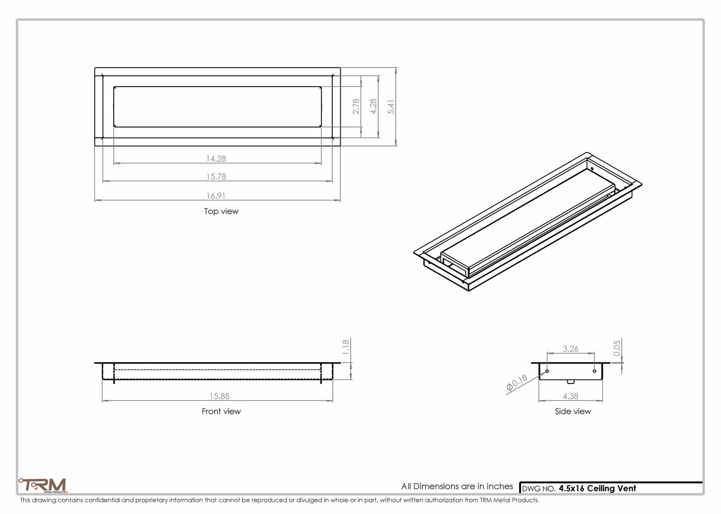 4.5x16 - Modern-Ceiling-Vent Cover-TRM Metal -  16x4.5