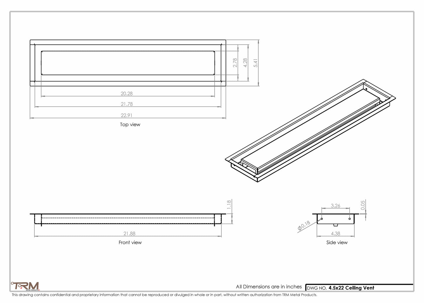 4.5x22 - Modern-Ceiling-Vent Cover-TRM Metal -  22x4.5