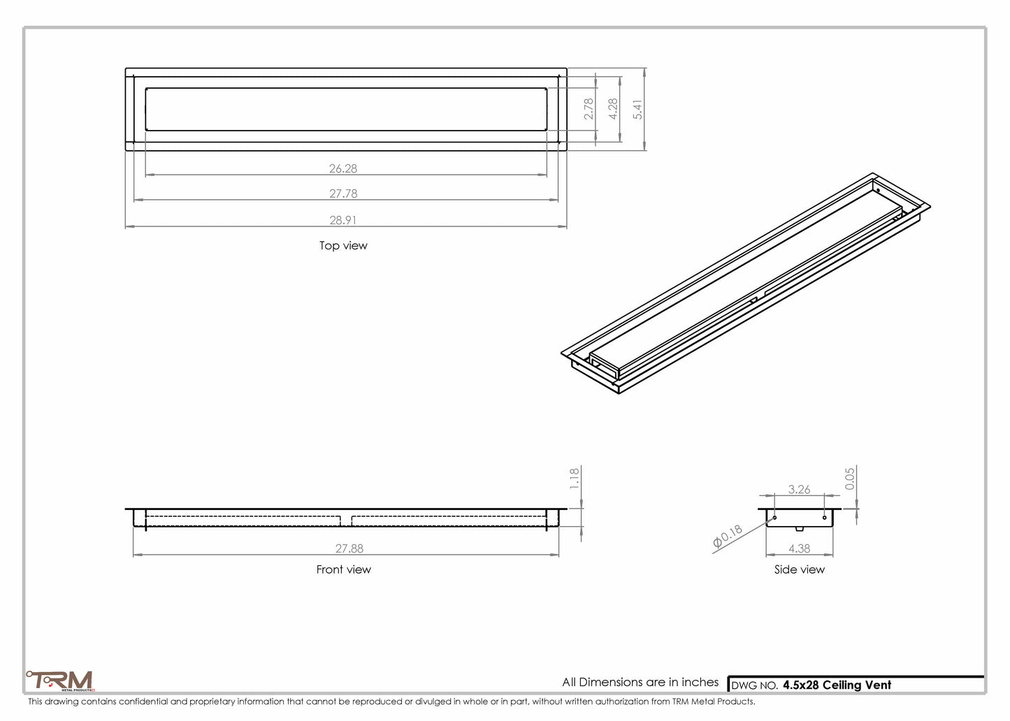 4.5x28 - Modern-Ceiling-Vent Cover-TRM Metal -  28x4.5