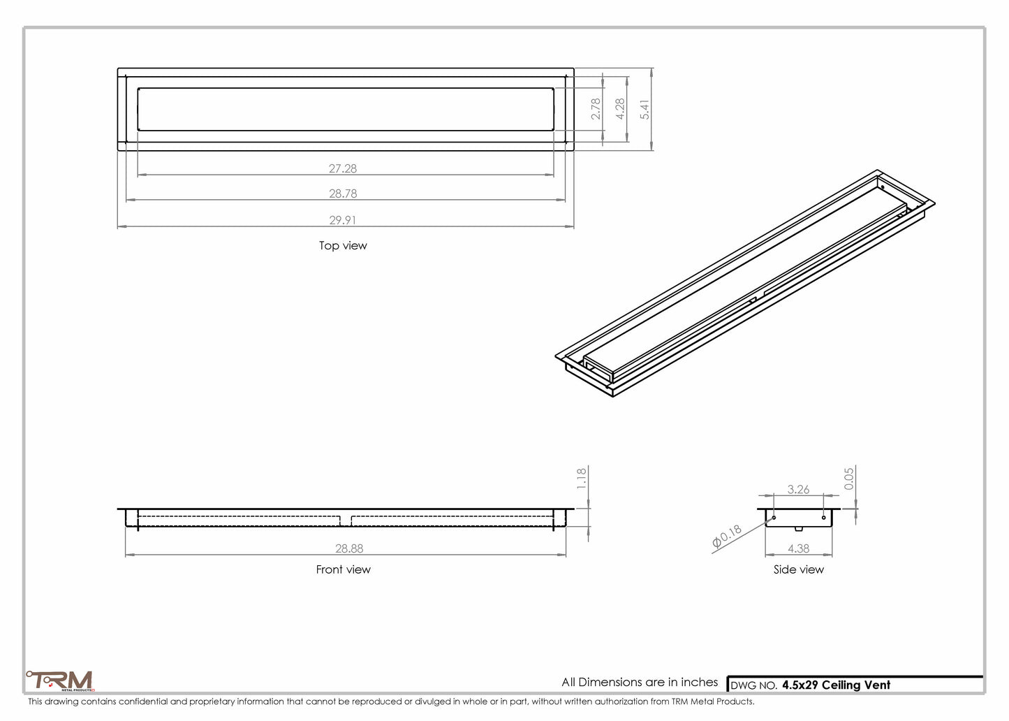 4.5x29 - Modern-Ceiling-Vent Cover-TRM Metal -  29x4.5