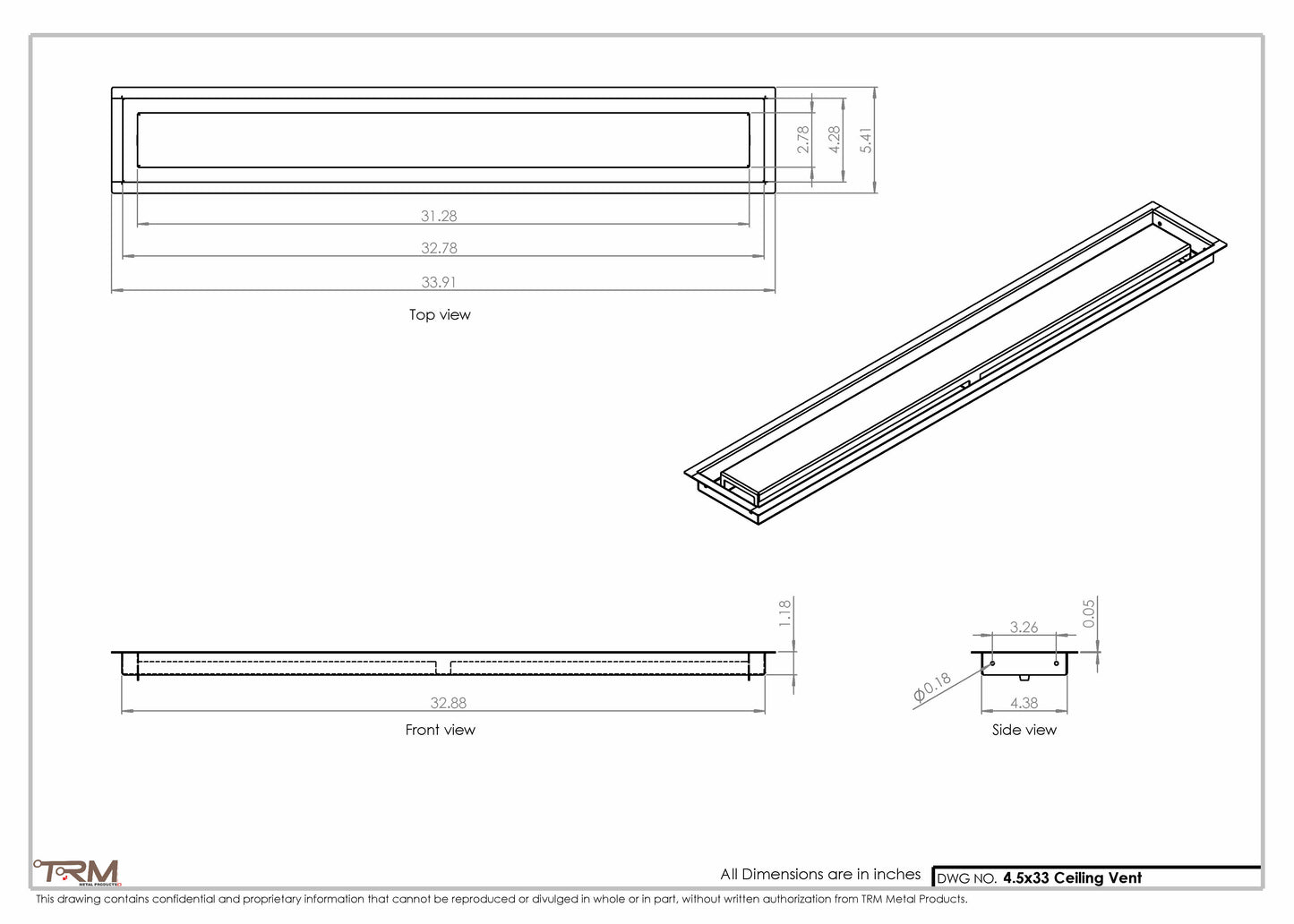 4.5x33 - Modern-Ceiling-Vent Cover-TRM Metal -  33x4.5