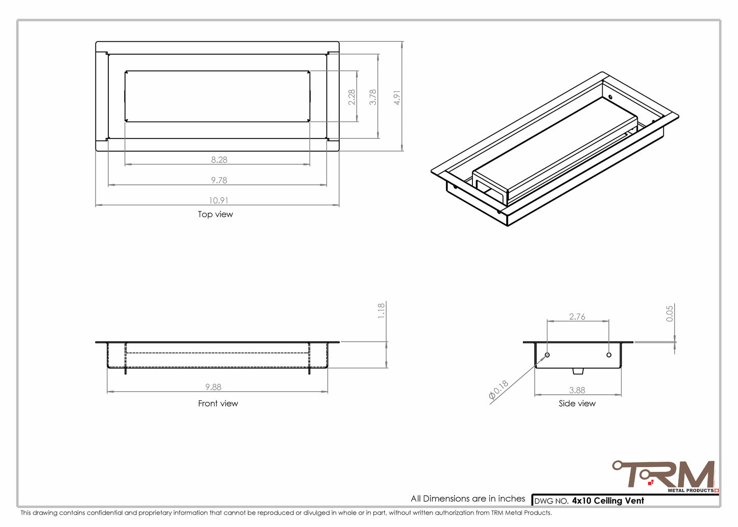 4x10  - Modern Ceiling Vent Cover - TRM Metal-10x4