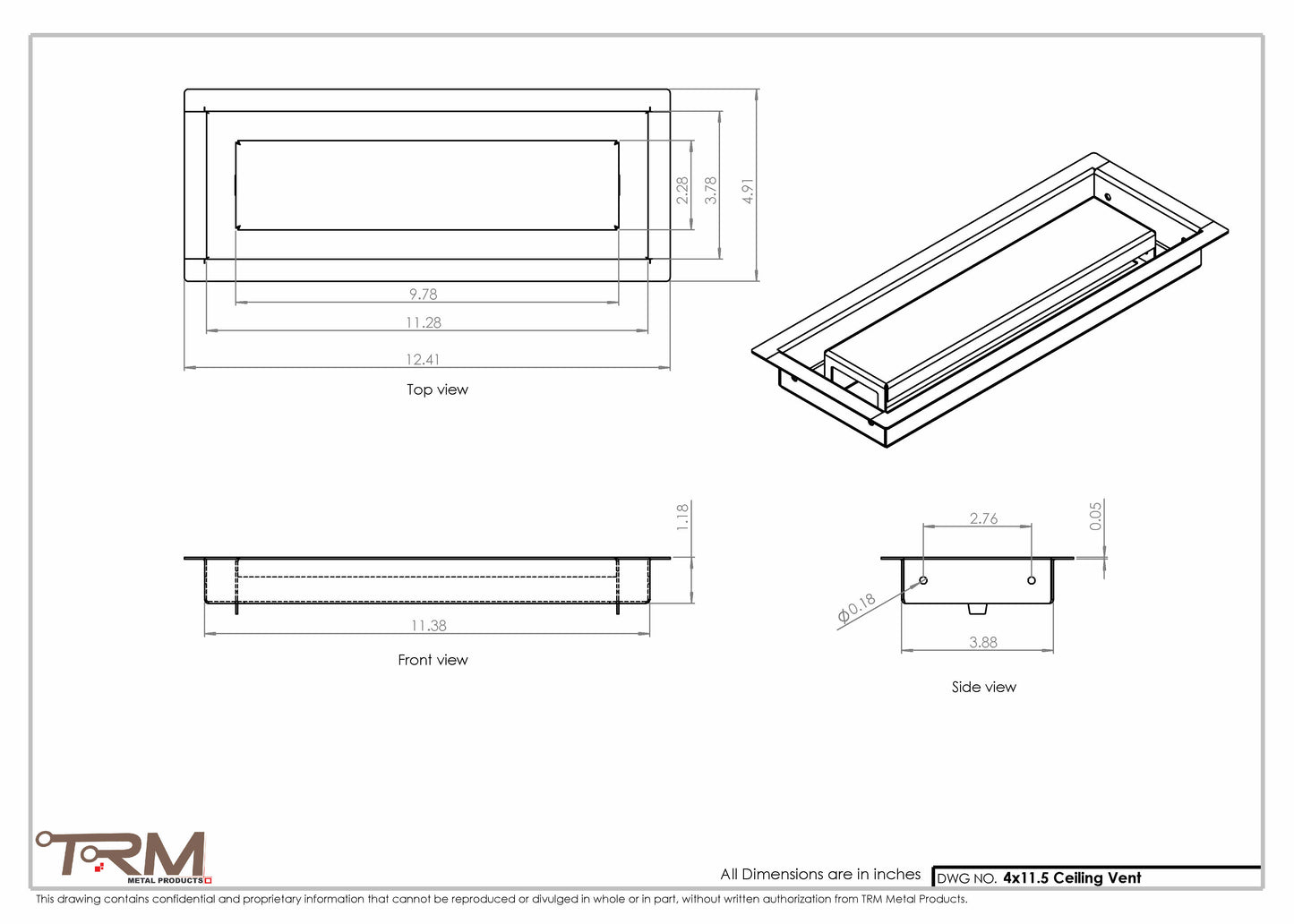 4x11.5 - Modern-Ceiling-Vent Cover-TRM Metal -  11.5x4