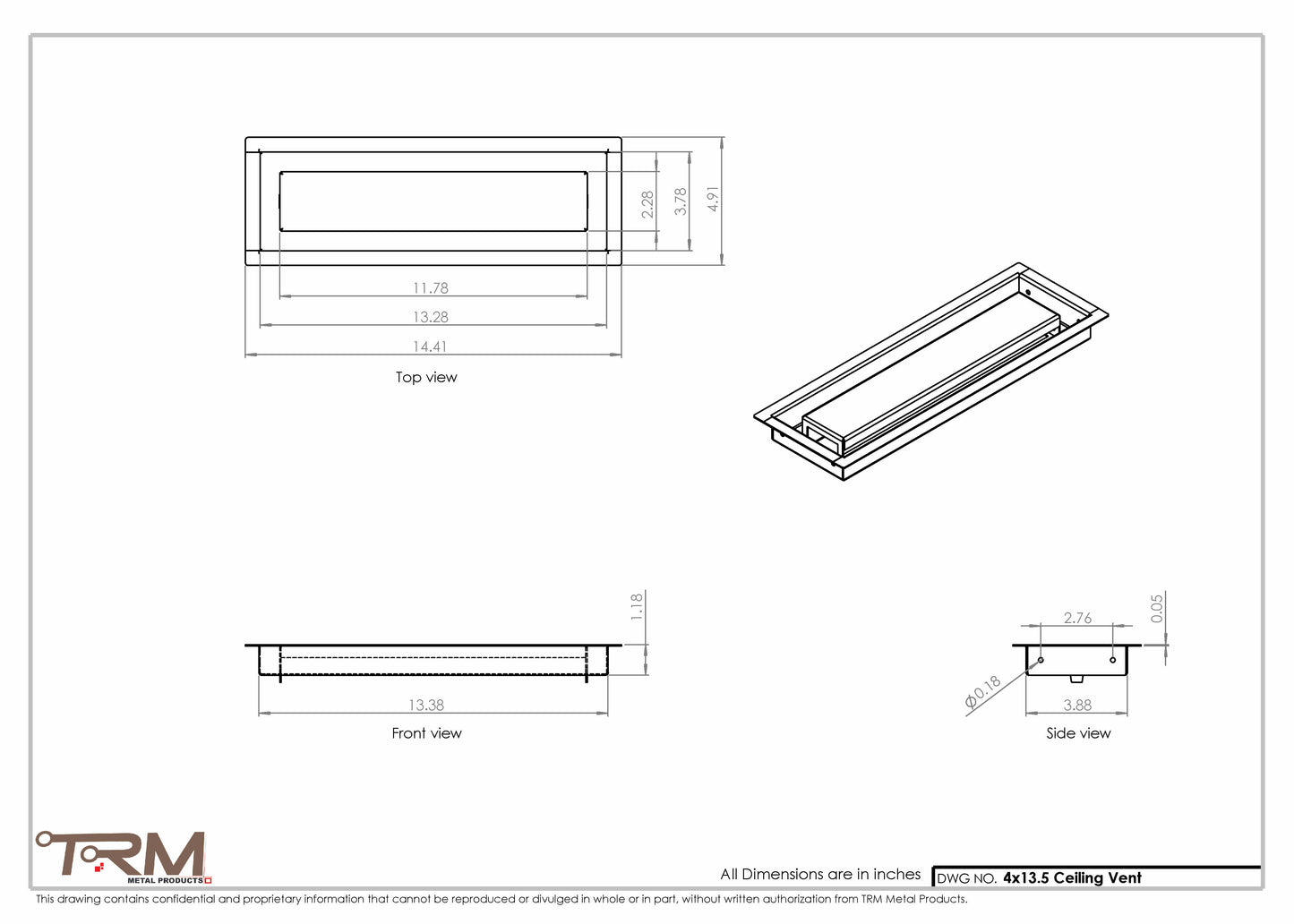 4x13.5 - Modern-Ceiling-Vent Cover-TRM Metal -  13.5x4