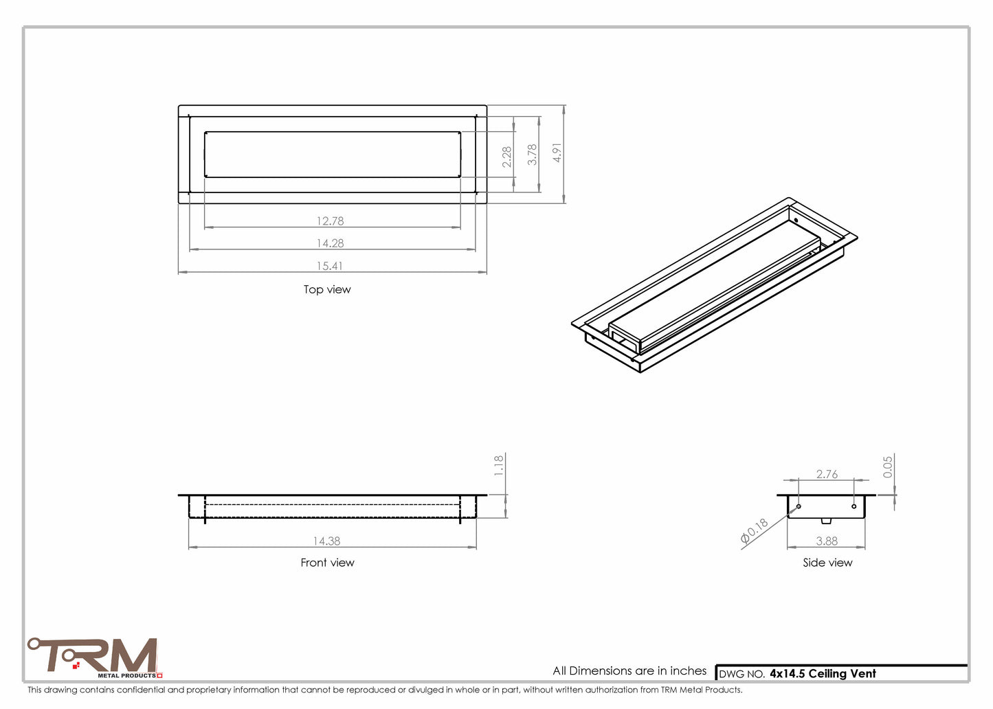 4x14.5 - Modern-Ceiling-Vent Cover-TRM Metal -  14.5x4
