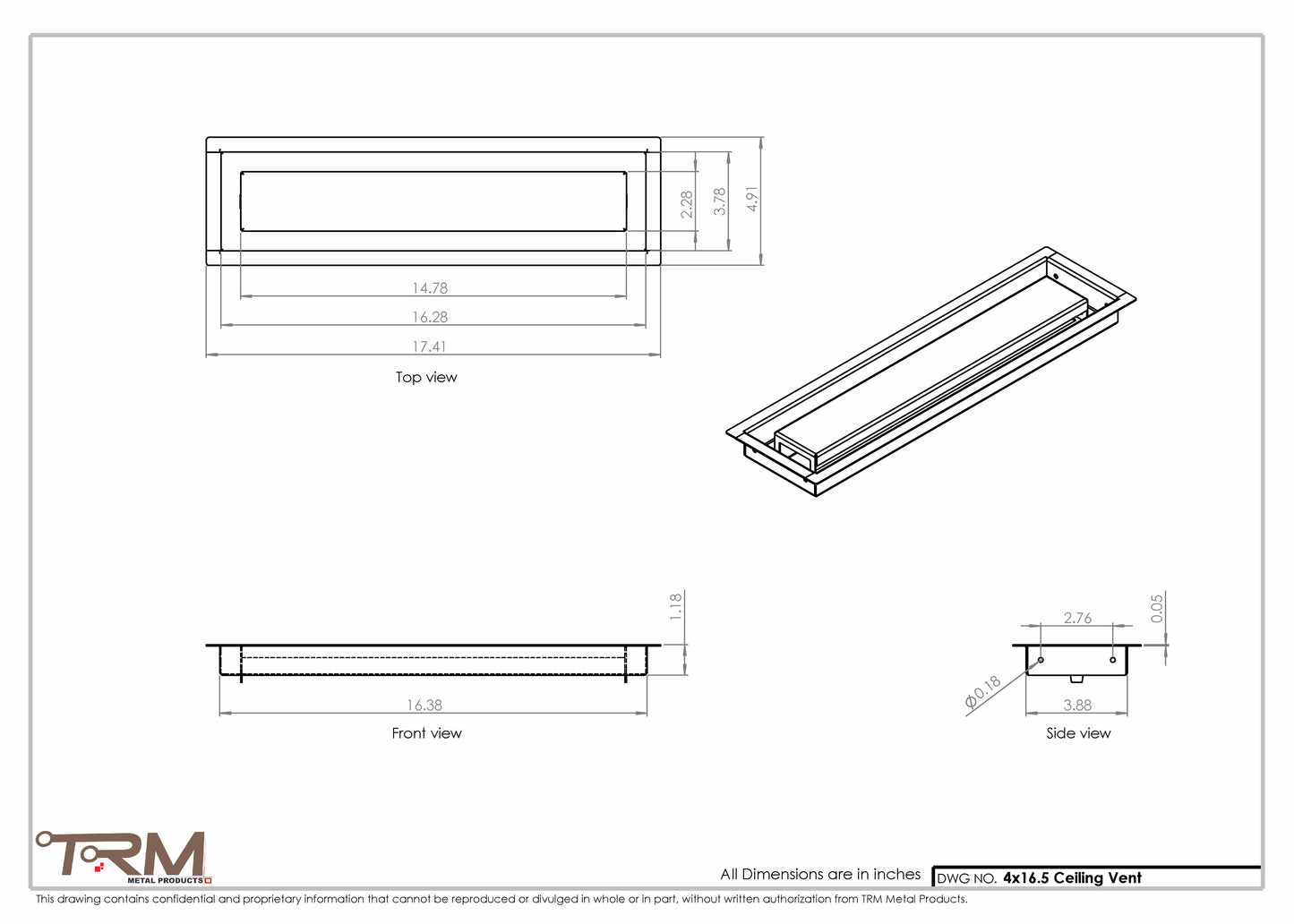 4x16.5 - Modern-Ceiling-Vent Cover-TRM Metal -  16.5x4