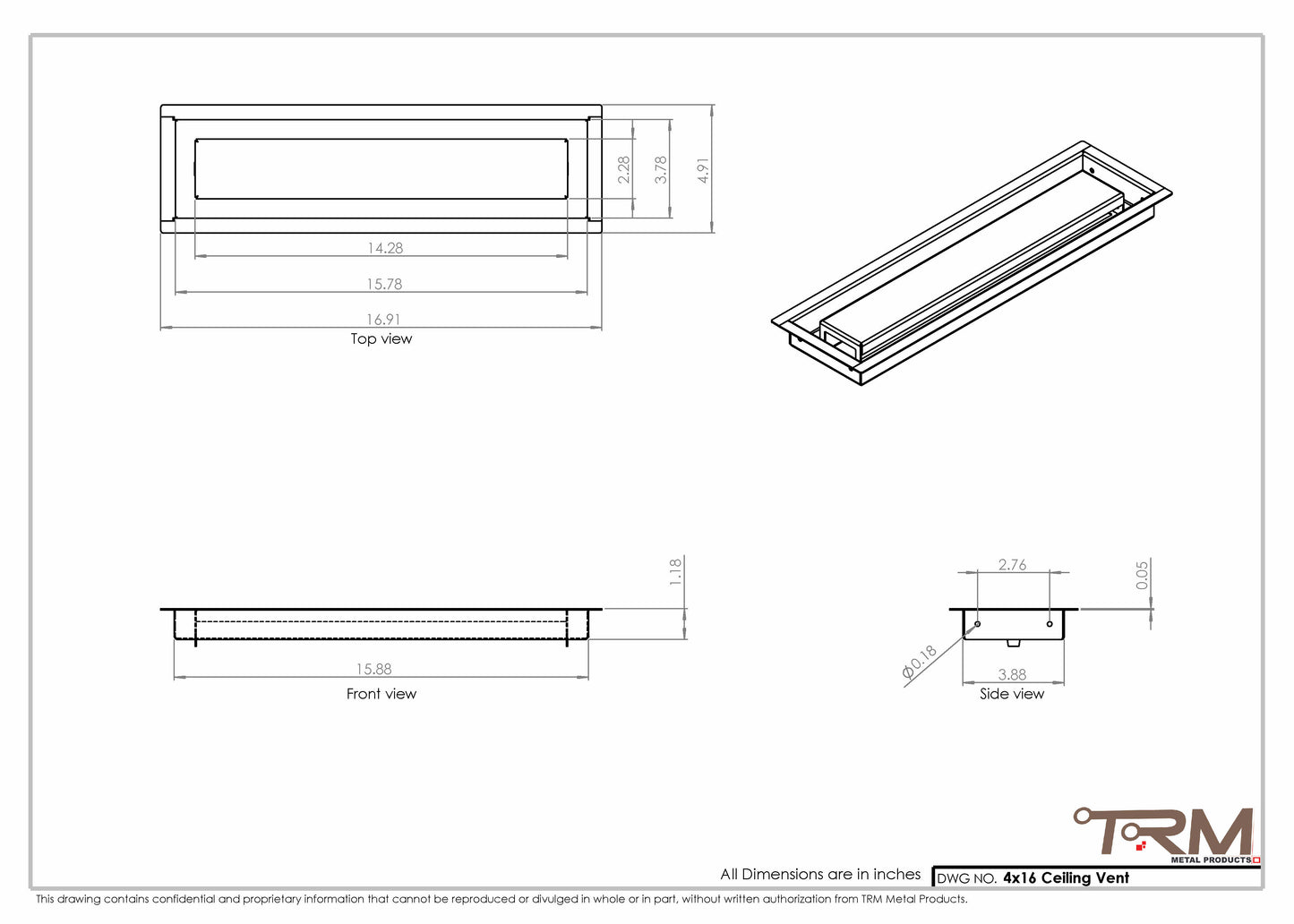 4x16- Modern Ceiling Vent Cover - TRM Metal (16x4)