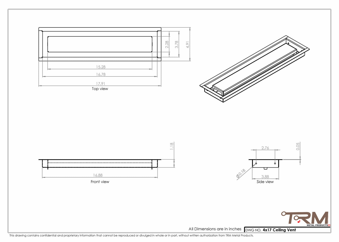 4x17- Modern Ceiling Vent Cover - TRM Metal (17x4)