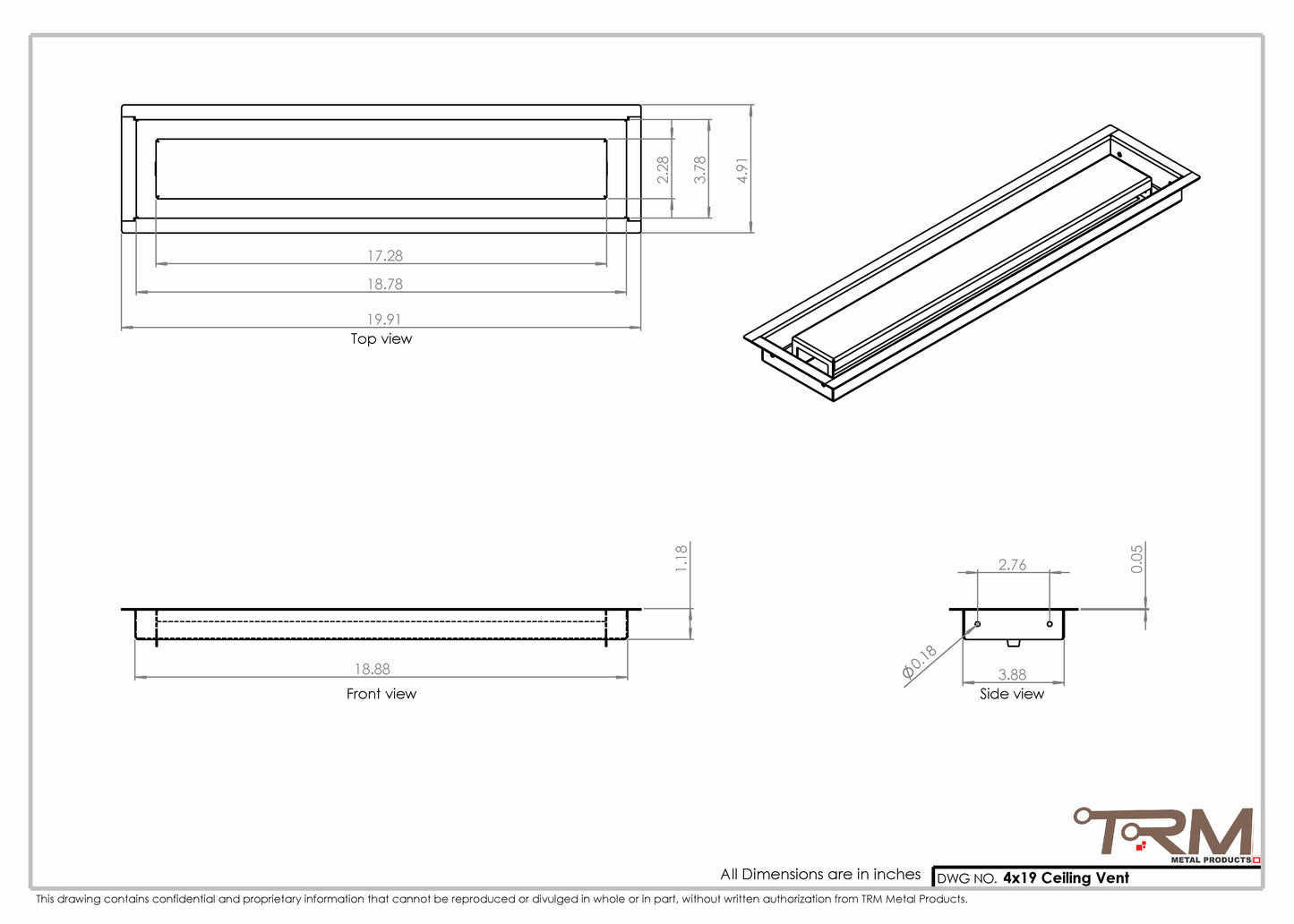 4x19- Modern Ceiling Vent Cover - TRM Metal (19x4)