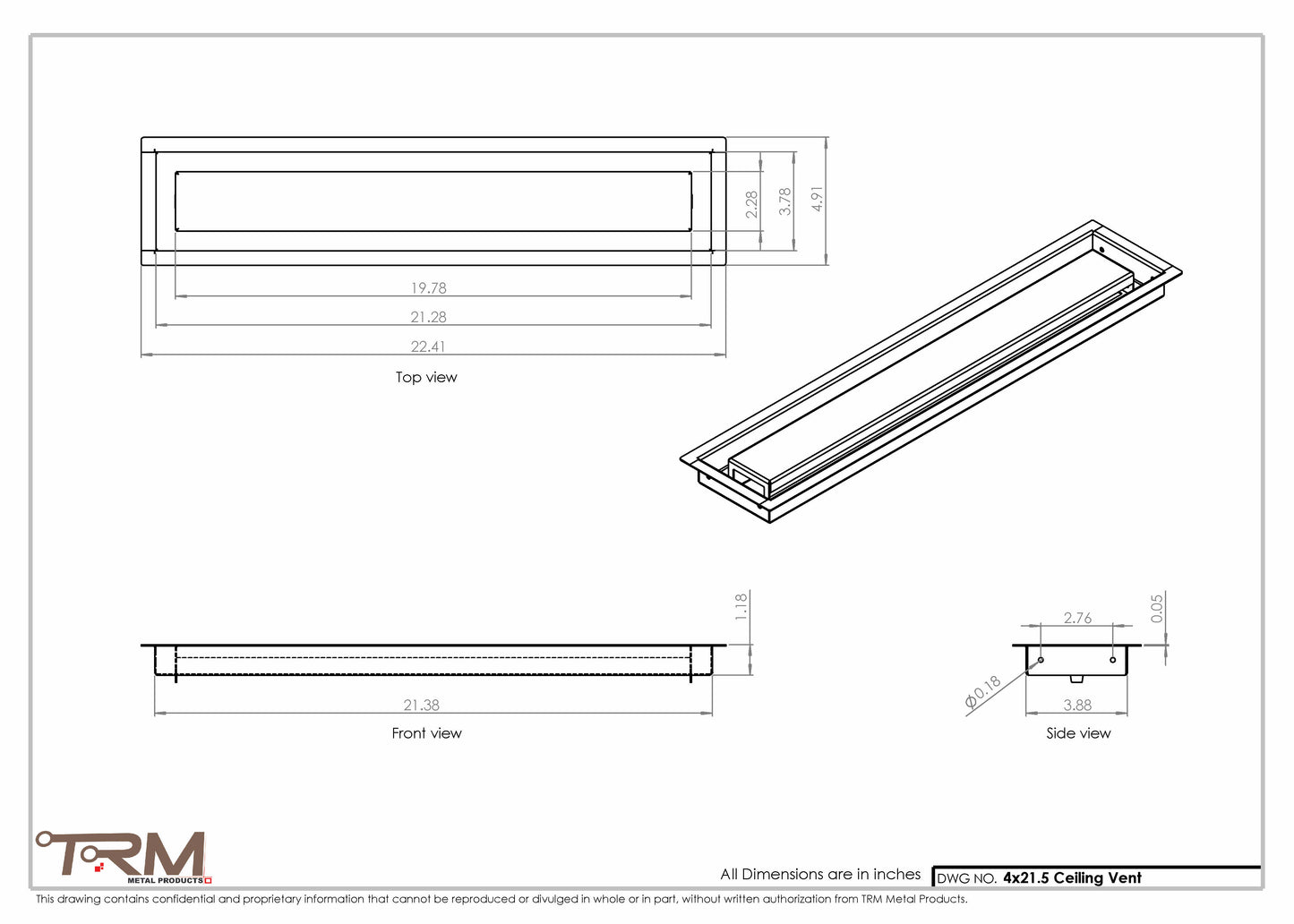 4x21.5 - Modern-Ceiling-Vent Cover-TRM Metal -  21.5x4