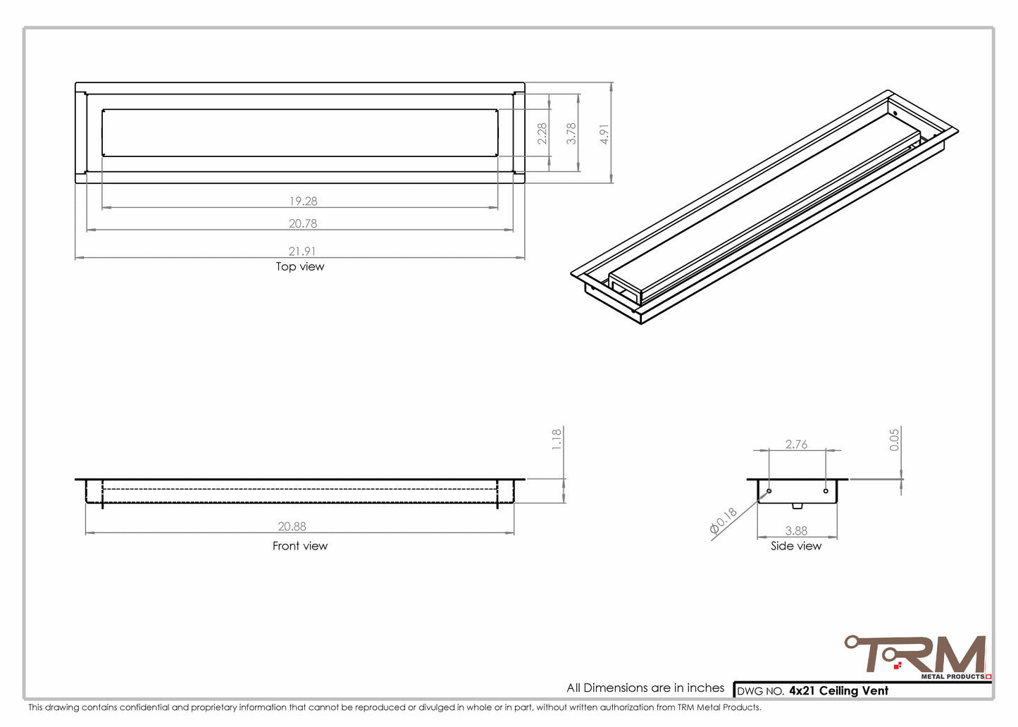 4x21- Modern Ceiling Vent Cover - TRM Metal (21x4)