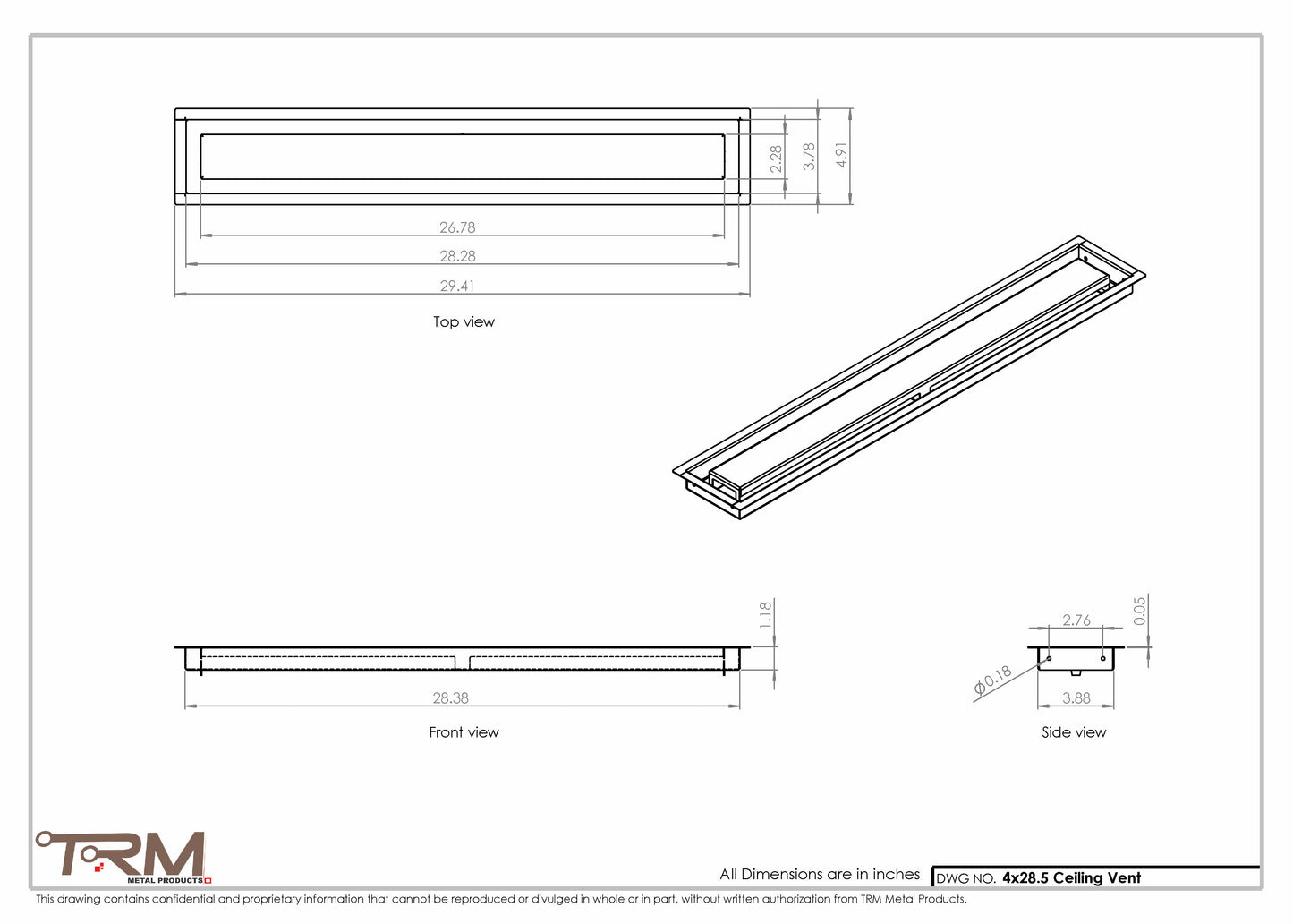 4x28.5 - Modern-Ceiling-Vent Cover-TRM Metal -  28.5x4