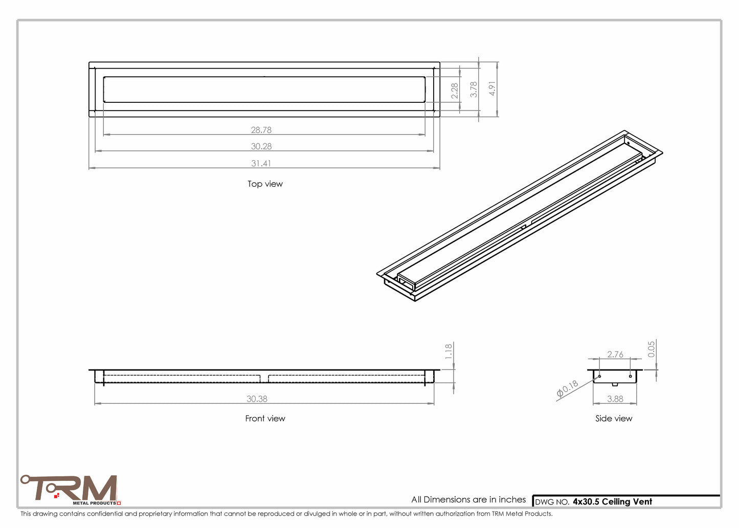 4x30.5 - Modern-Ceiling-Vent Cover-TRM Metal -  30.5x4