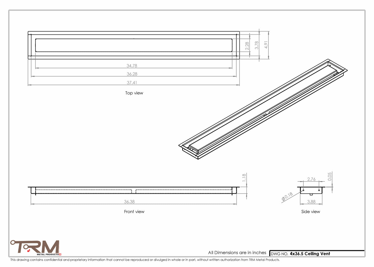 4x36.5 - Modern-Ceiling-Vent Cover-TRM Metal -  36.5x4
