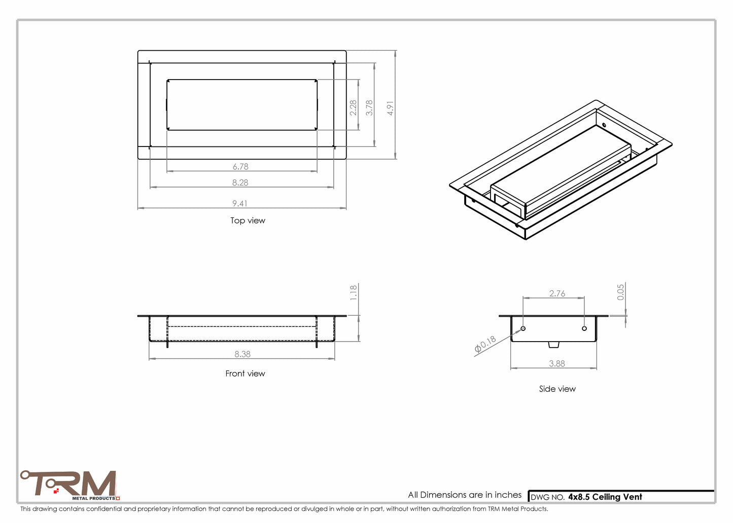 4x8.5 - Modern-Ceiling-Vent Cover-TRM Metal -  8.5x4