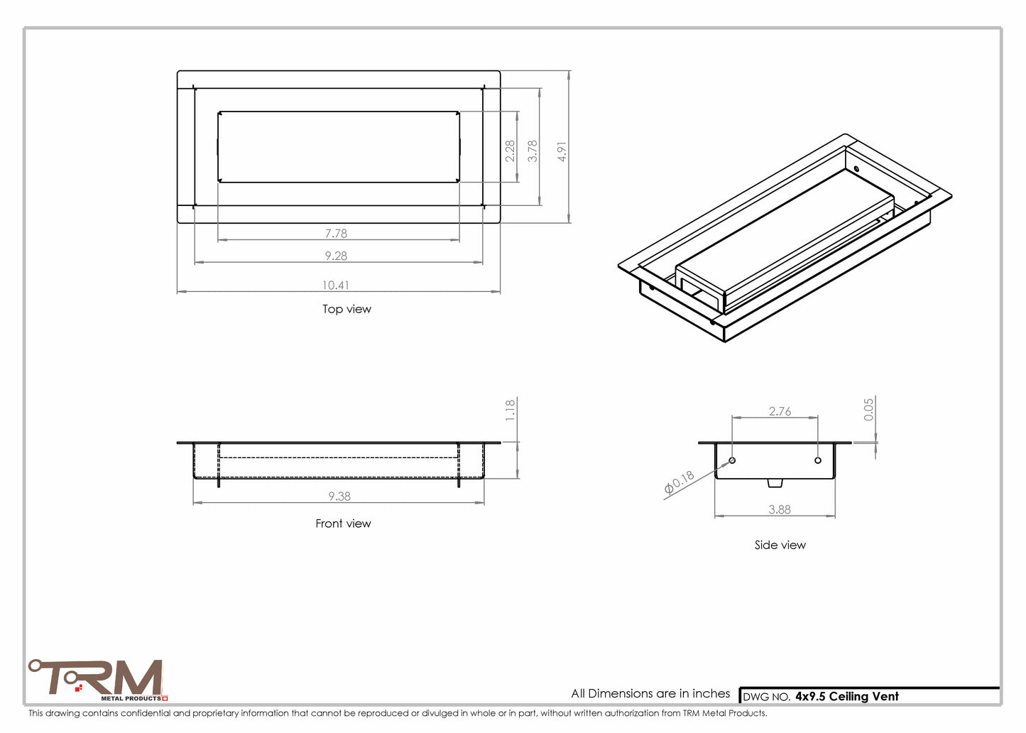 4x9.5 - Modern-Ceiling-Vent Cover-TRM Metal -  9.5x4