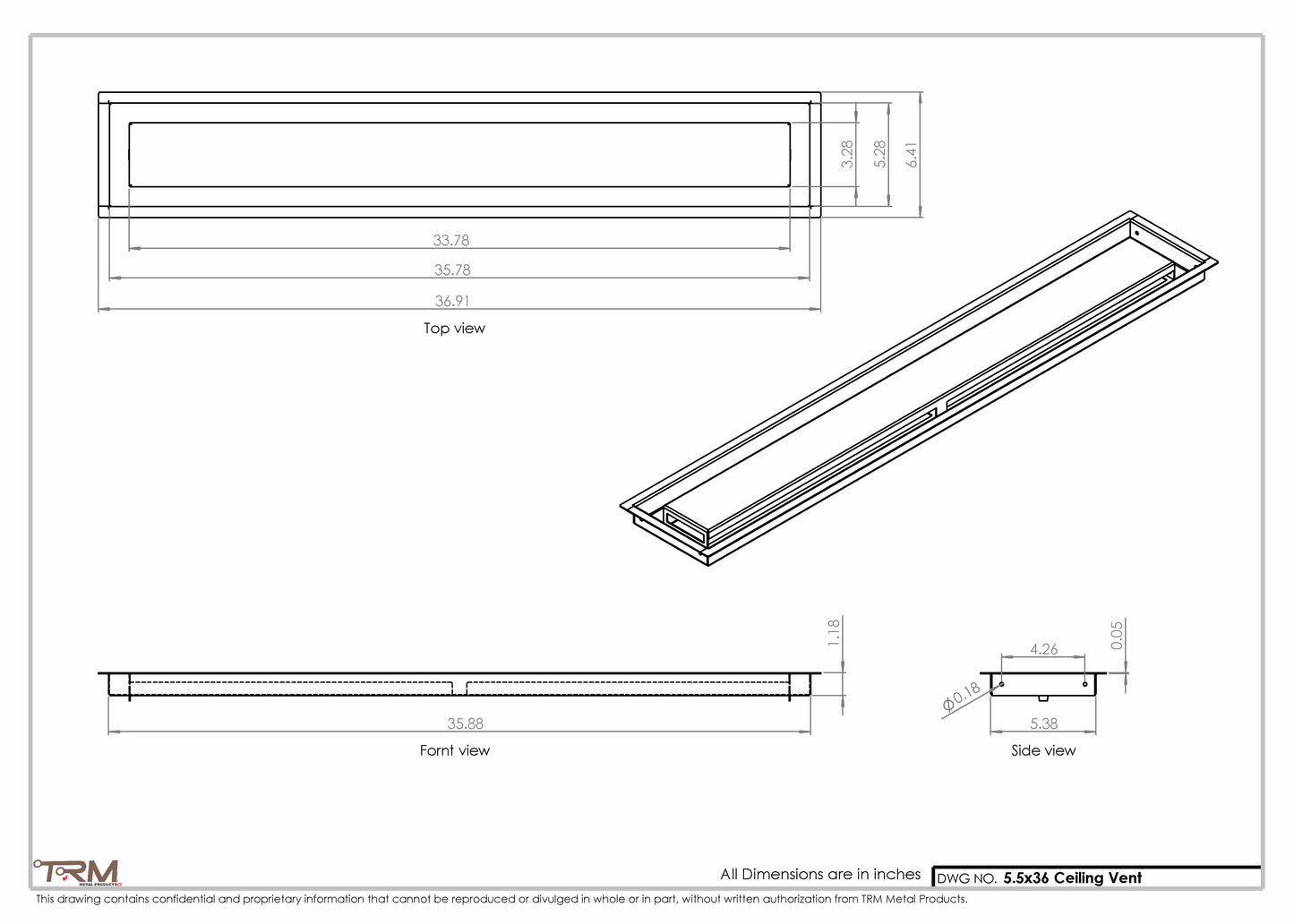 5.5x36 - Modern-Ceiling-Vent Cover-TRM Metal -  36x5.5
