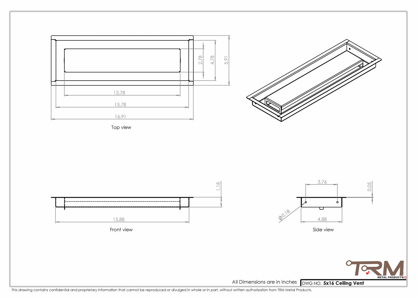 5x16-Modern Ceiling Vent Cover - TRM Metal (16x5)