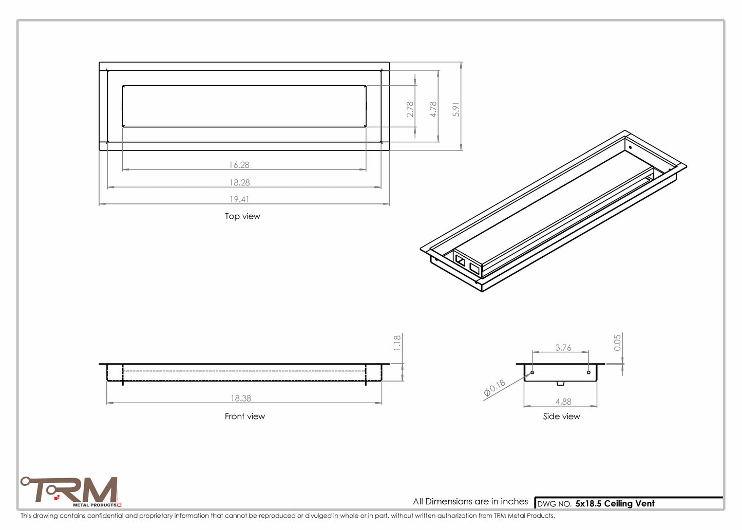 5x18.5 - Modern-Ceiling-Vent Cover-TRM Metal -  18.5x5