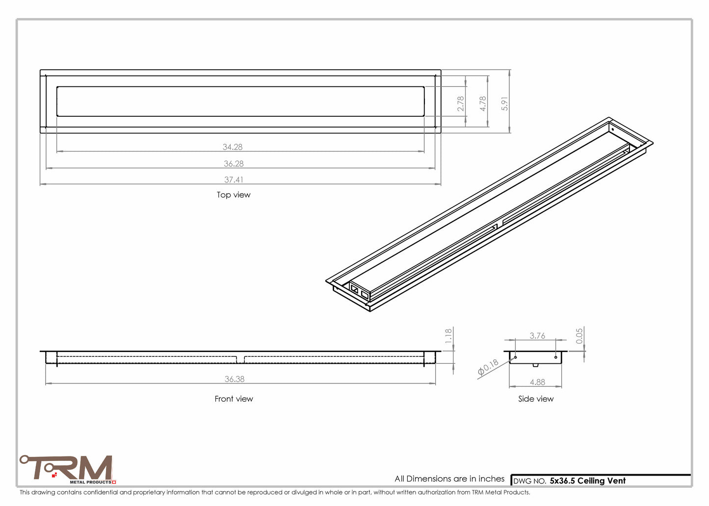 5x36.5 - Modern-Ceiling-Vent Cover-TRM Metal -  36.5x5