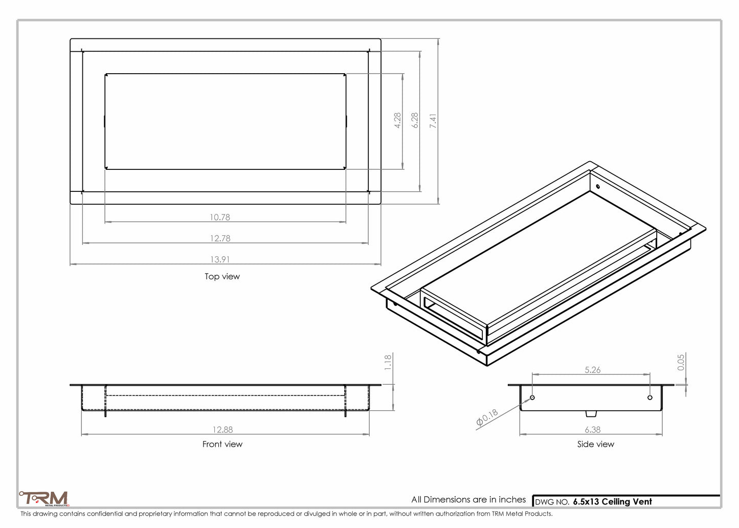 6.5x13 - Modern-Ceiling-Vent Cover-TRM Metal -  13x6.5