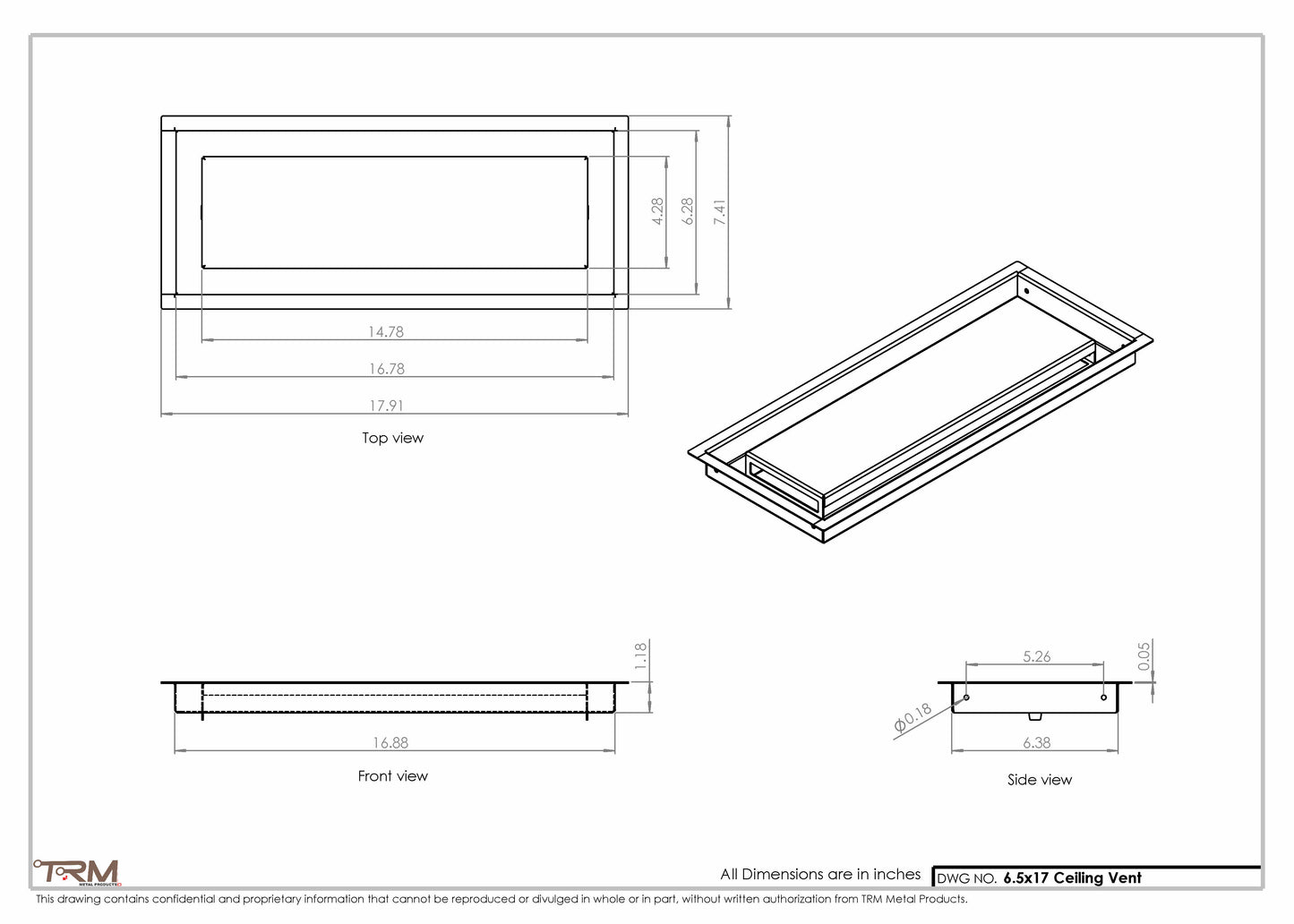 6.5x17 - Modern-Ceiling-Vent Cover-TRM Metal -  17x6.5