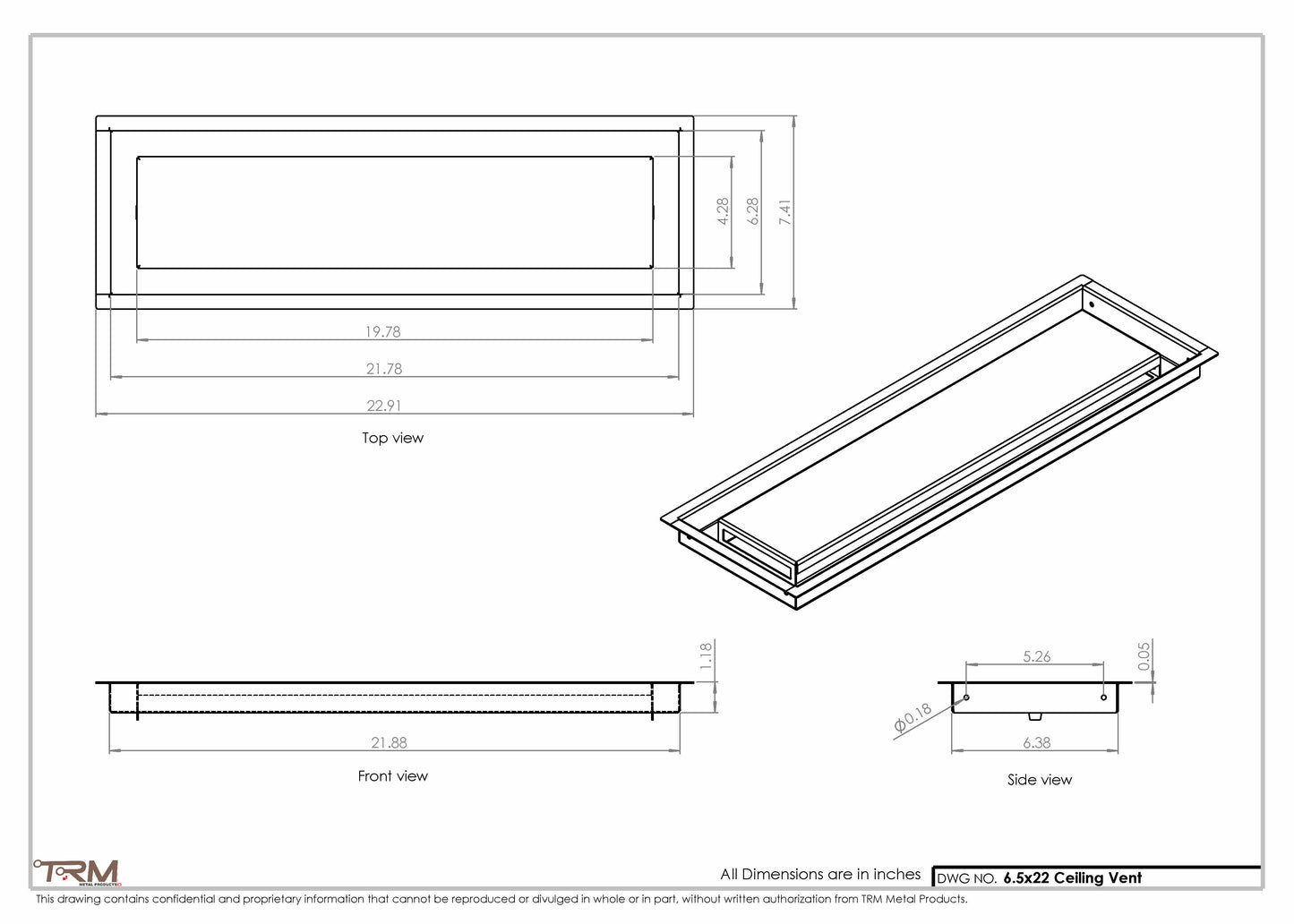 6.5x22 - Modern-Ceiling-Vent Cover-TRM Metal -  22x6.5