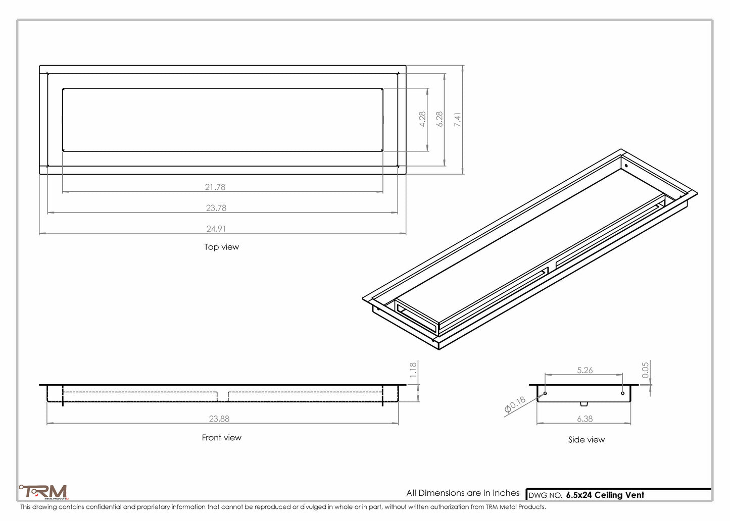 6.5x24 - Modern-Ceiling-Vent Cover-TRM Metal -  24x6.5