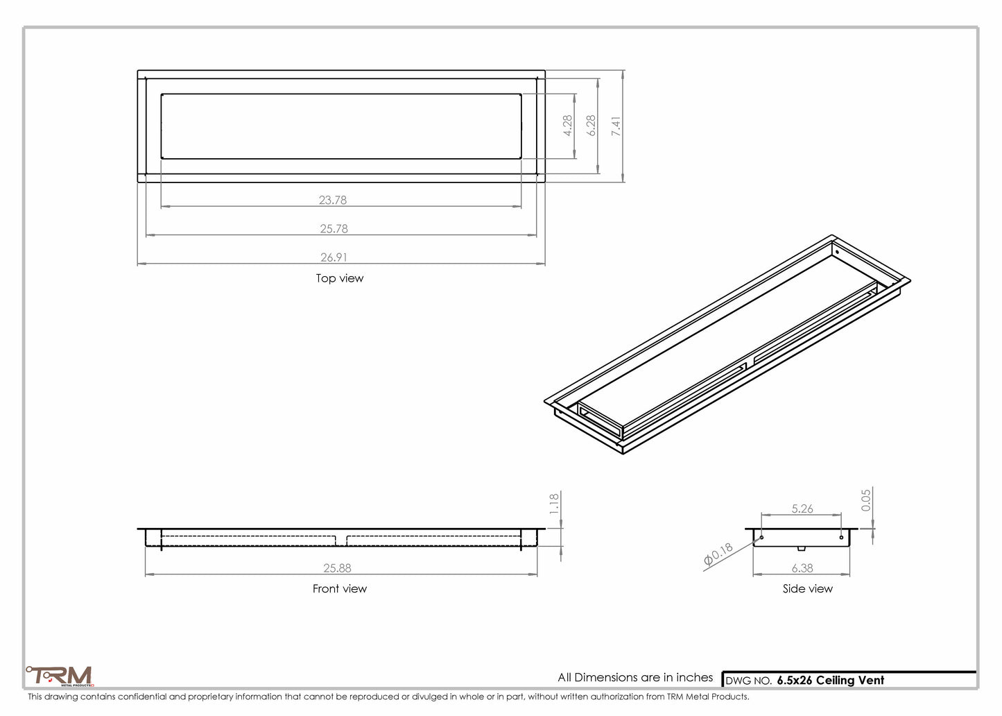 6.5x26 - Modern-Ceiling-Vent Cover-TRM Metal -  26x6.5